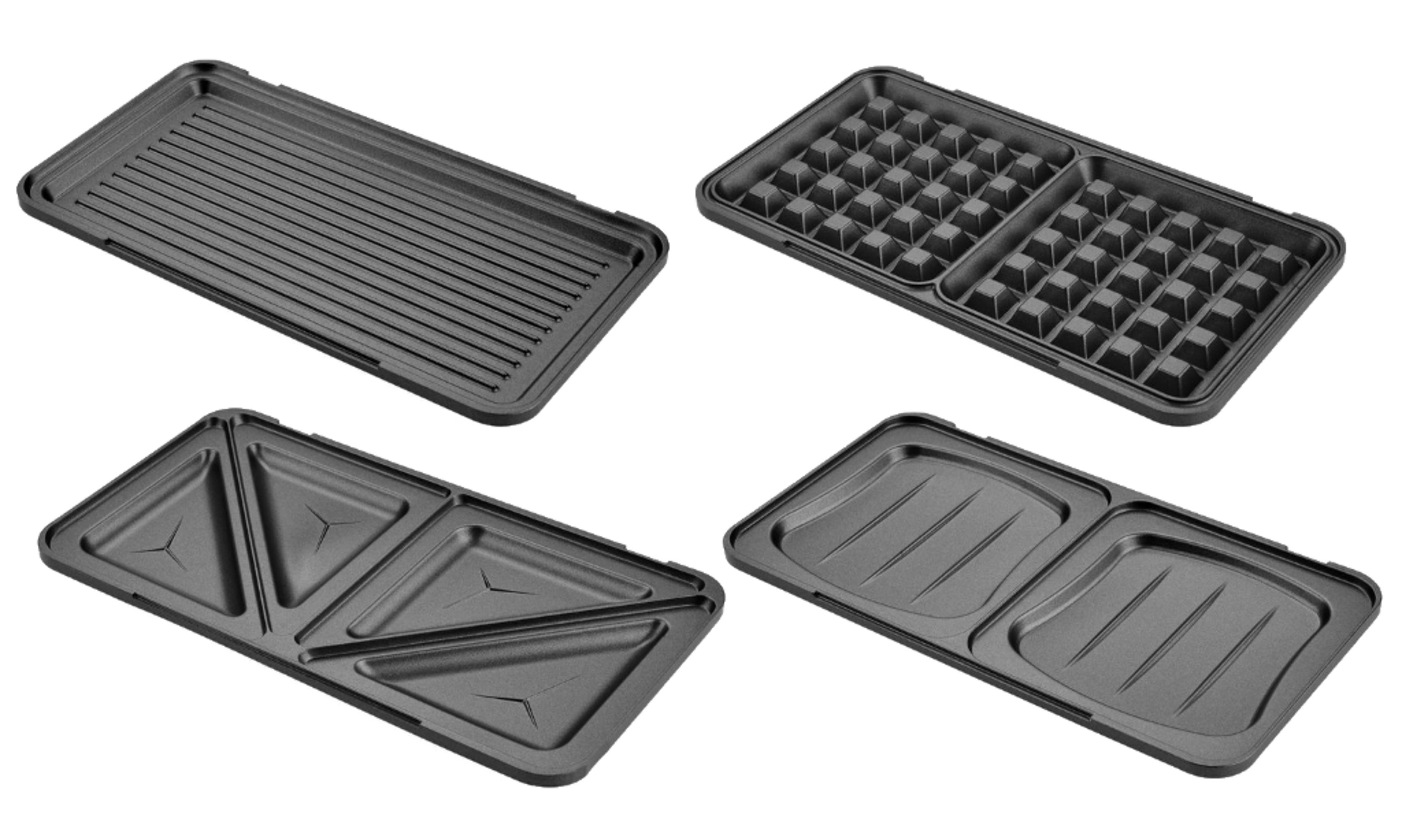 Vier verschiedene schwarze Antihaft-Waffel- und Grillplatten für einen Sandwichmaker.