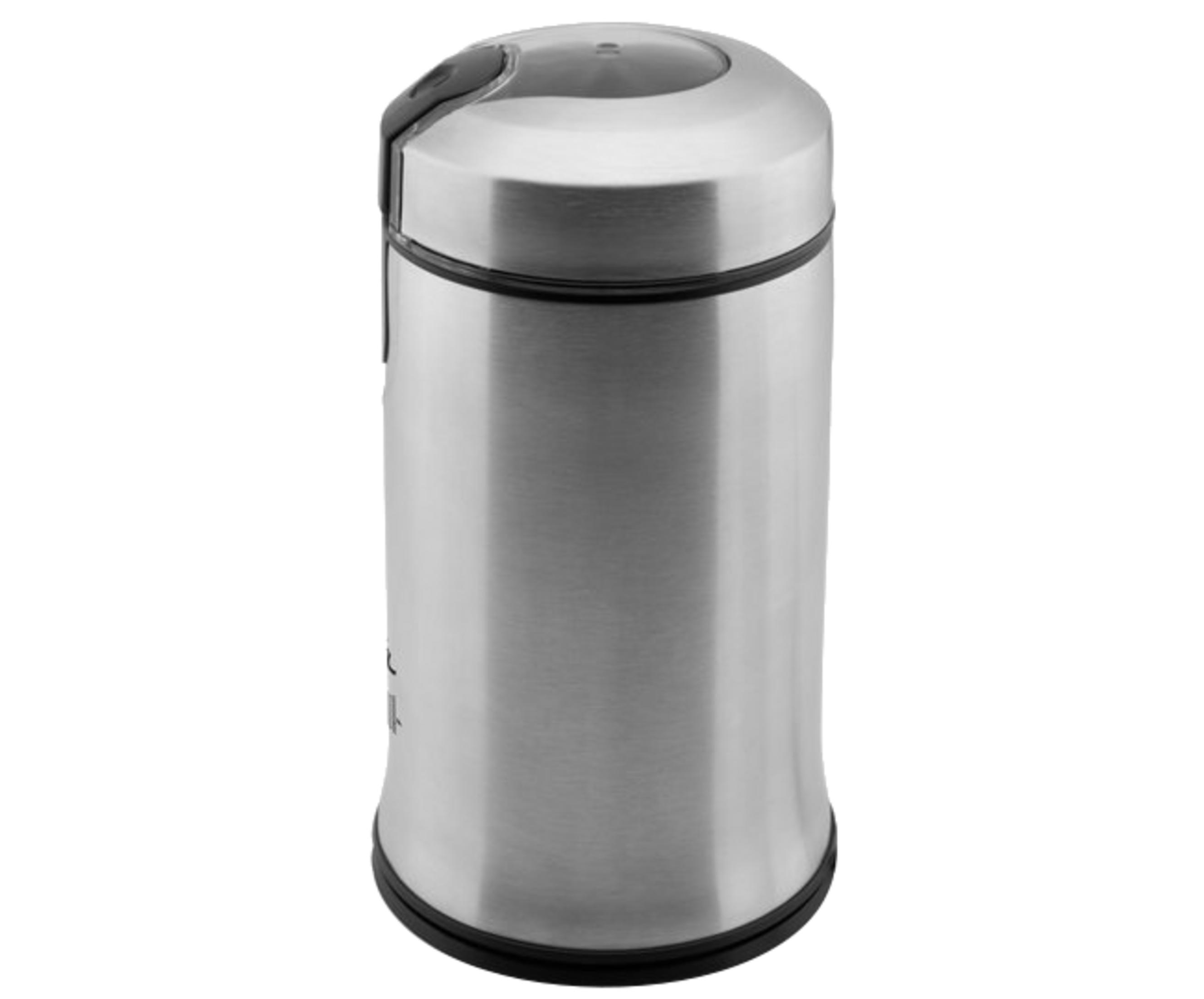 Edelstahl-Kaffeemühle mit zylindrischem Design auf weißem Hintergrund.