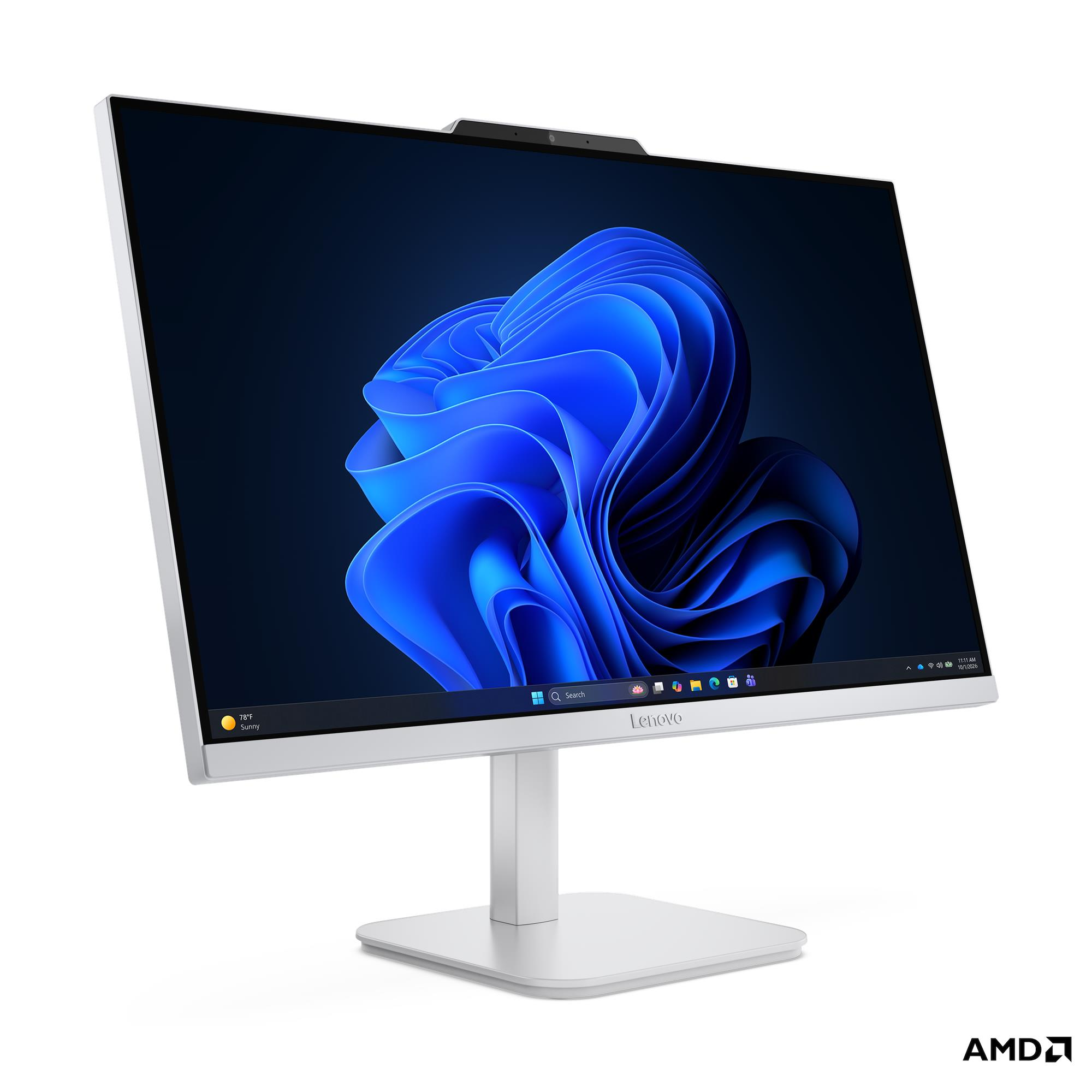 Un computer all-in-one Lenovo bianco con uno sfondo blu astratto sullo schermo.