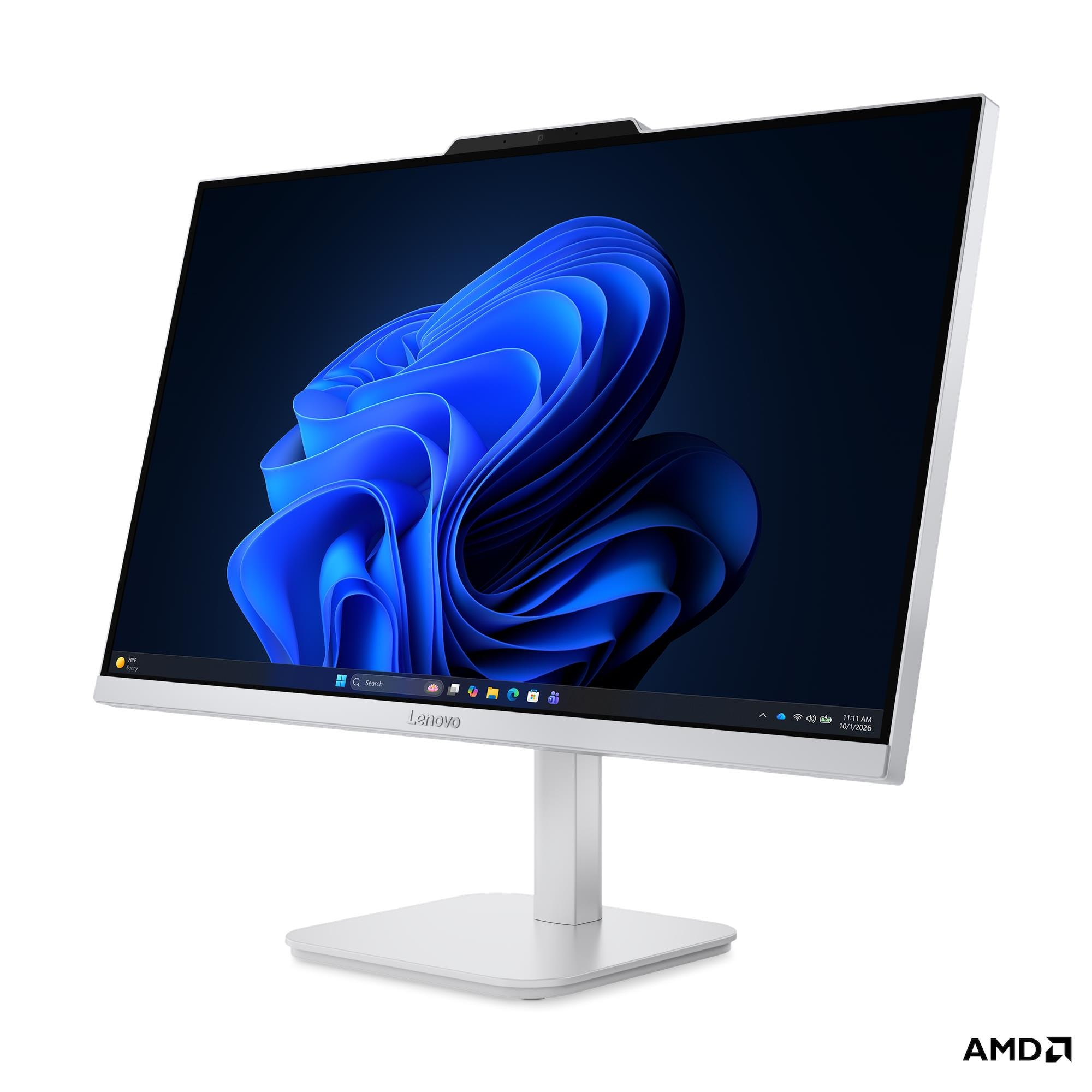 Un PC all-in-one Lenovo bianco con sfondo Windows blu, su supporto bianco e sfondo bianco.