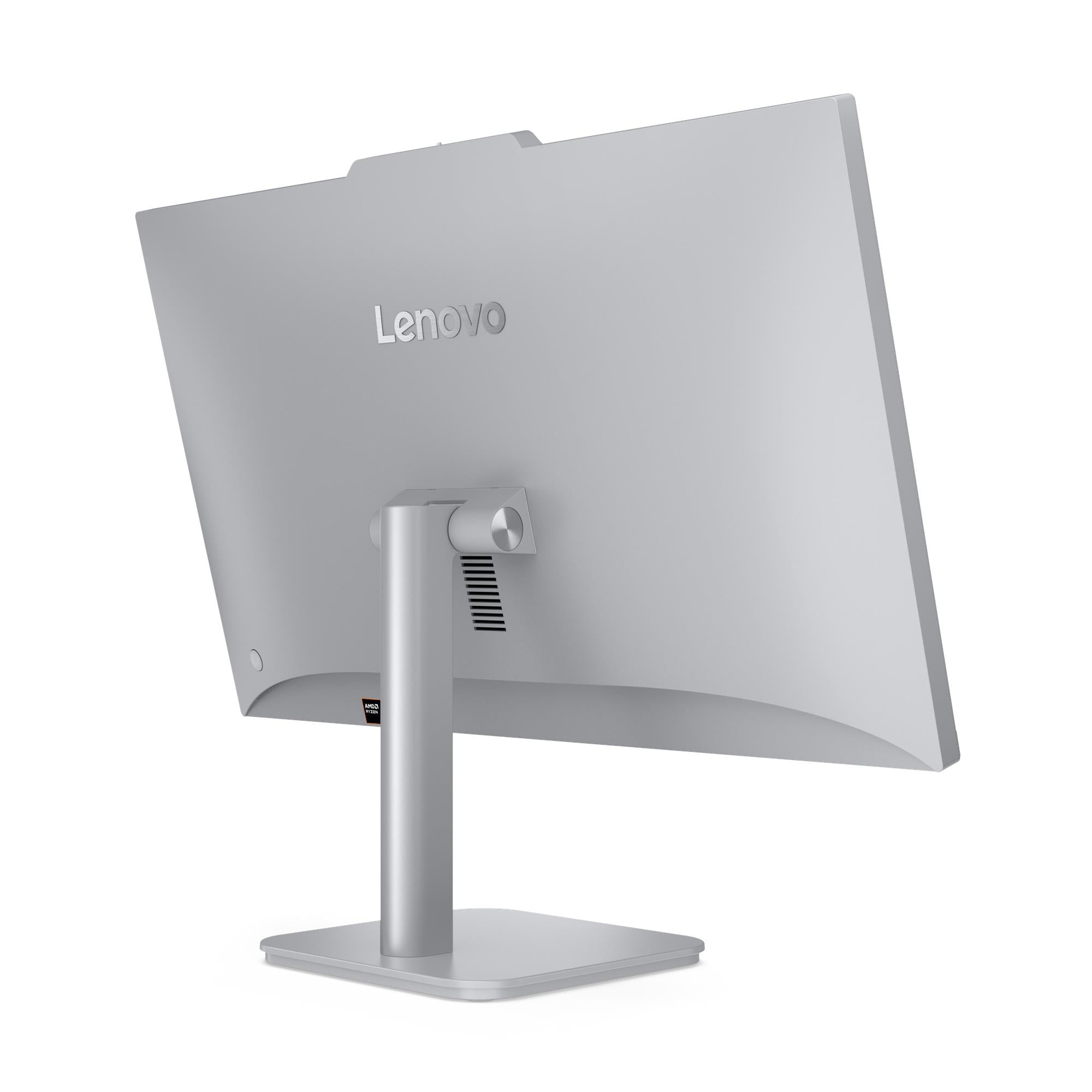 Il retro di un PC all-in-one Lenovo argentato con supporto integrato su sfondo bianco.
