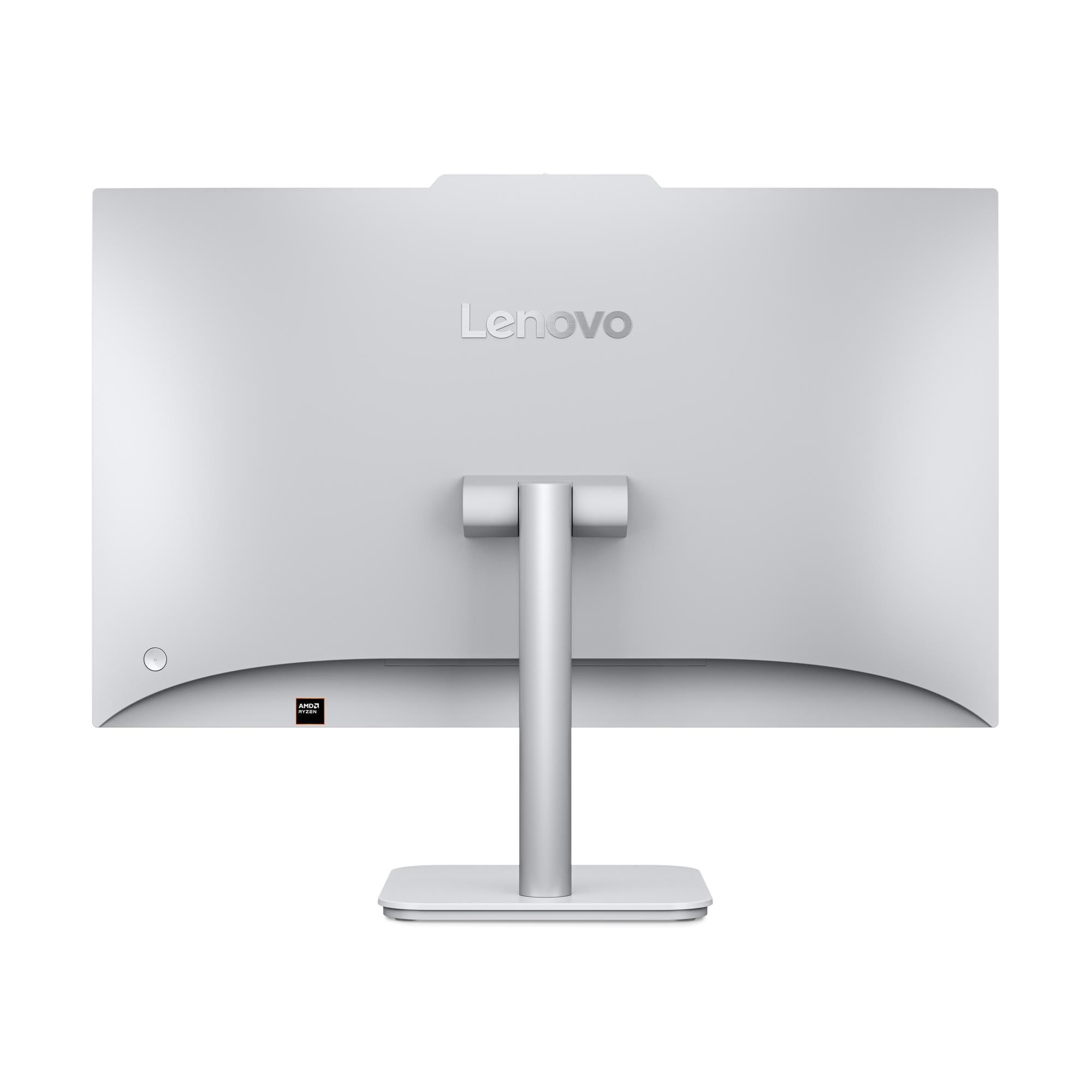 Vista posteriore di un computer desktop Lenovo All-in-One argento con supporto e logo AMD Ryzen, su sfondo bianco.