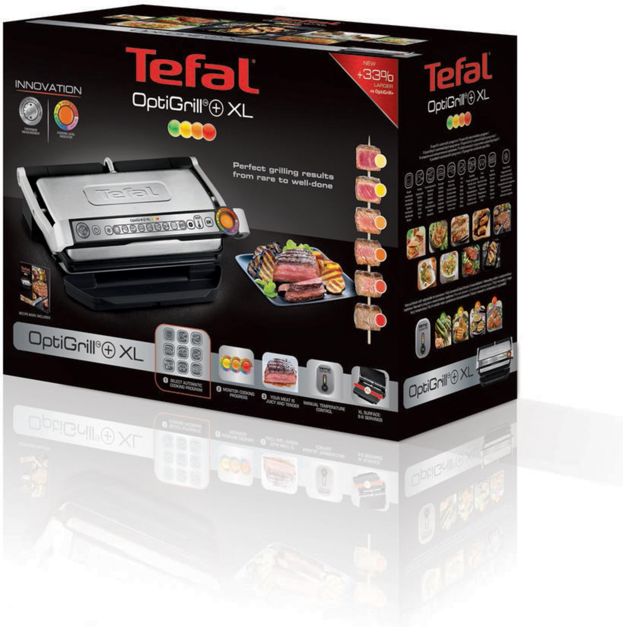 Verpackungskarton für den Tefal OptiGrill XL mit Grill, zubereitetem Fleisch und Funktionen auf schwarzem Grund.