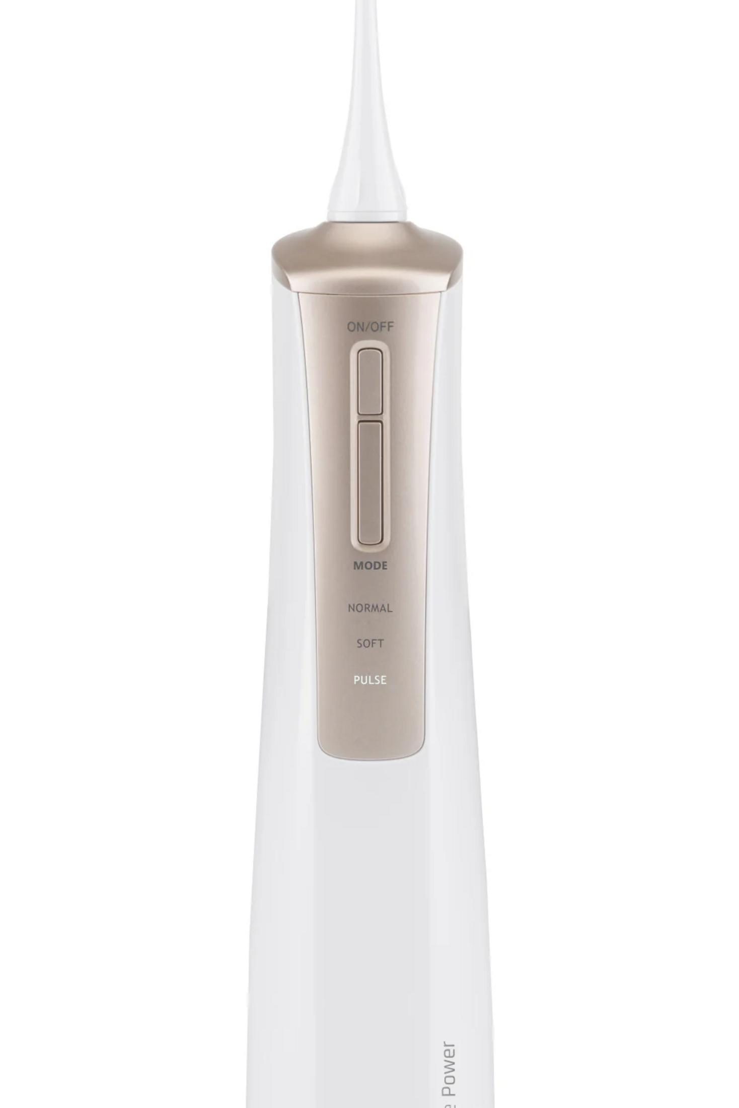 Irrigador bucal blanco con panel de control dorado y botones de encendido y modo.