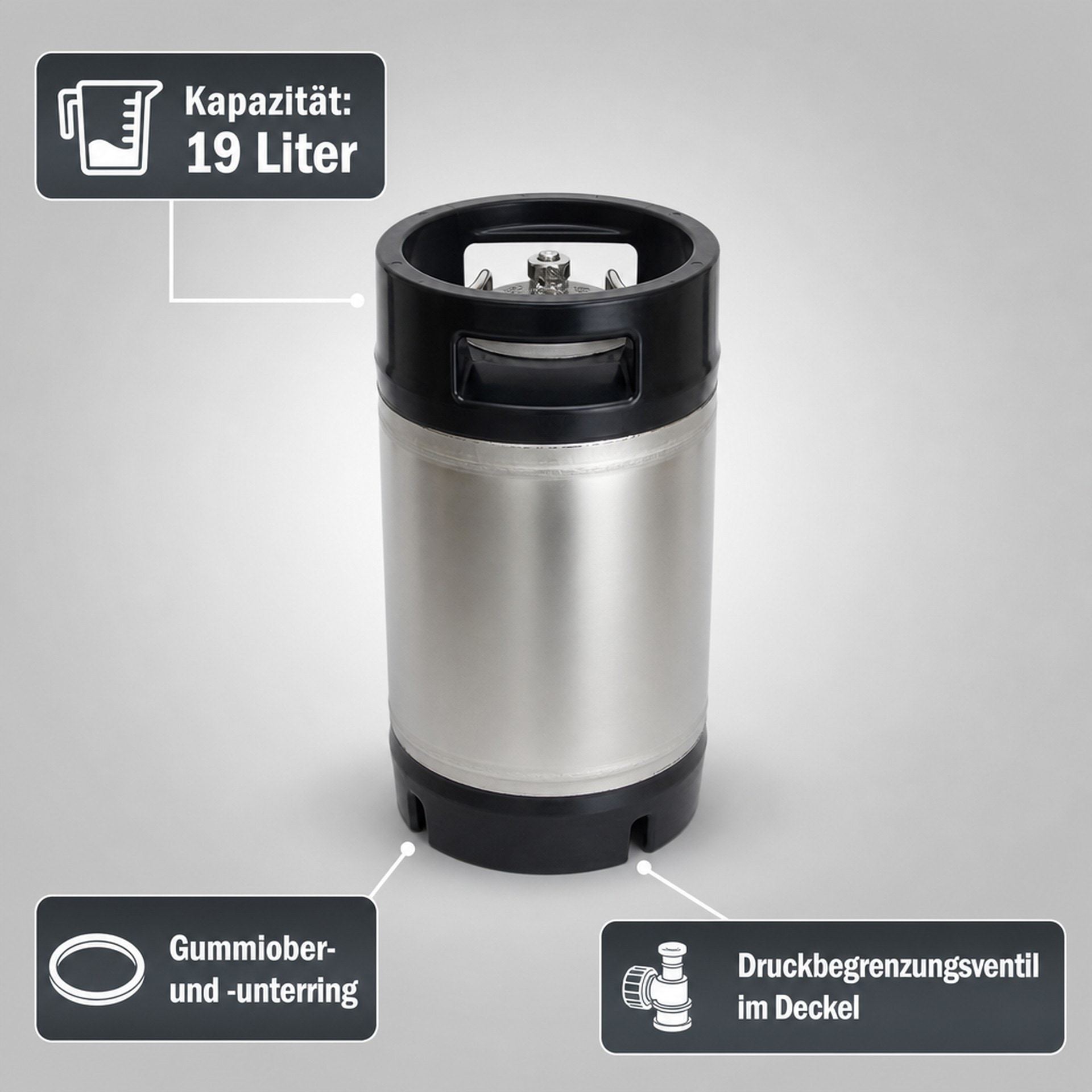 Fusto per bevande in acciaio inox da 19L con bordo in plastica nera e valvole su sfondo grigio.