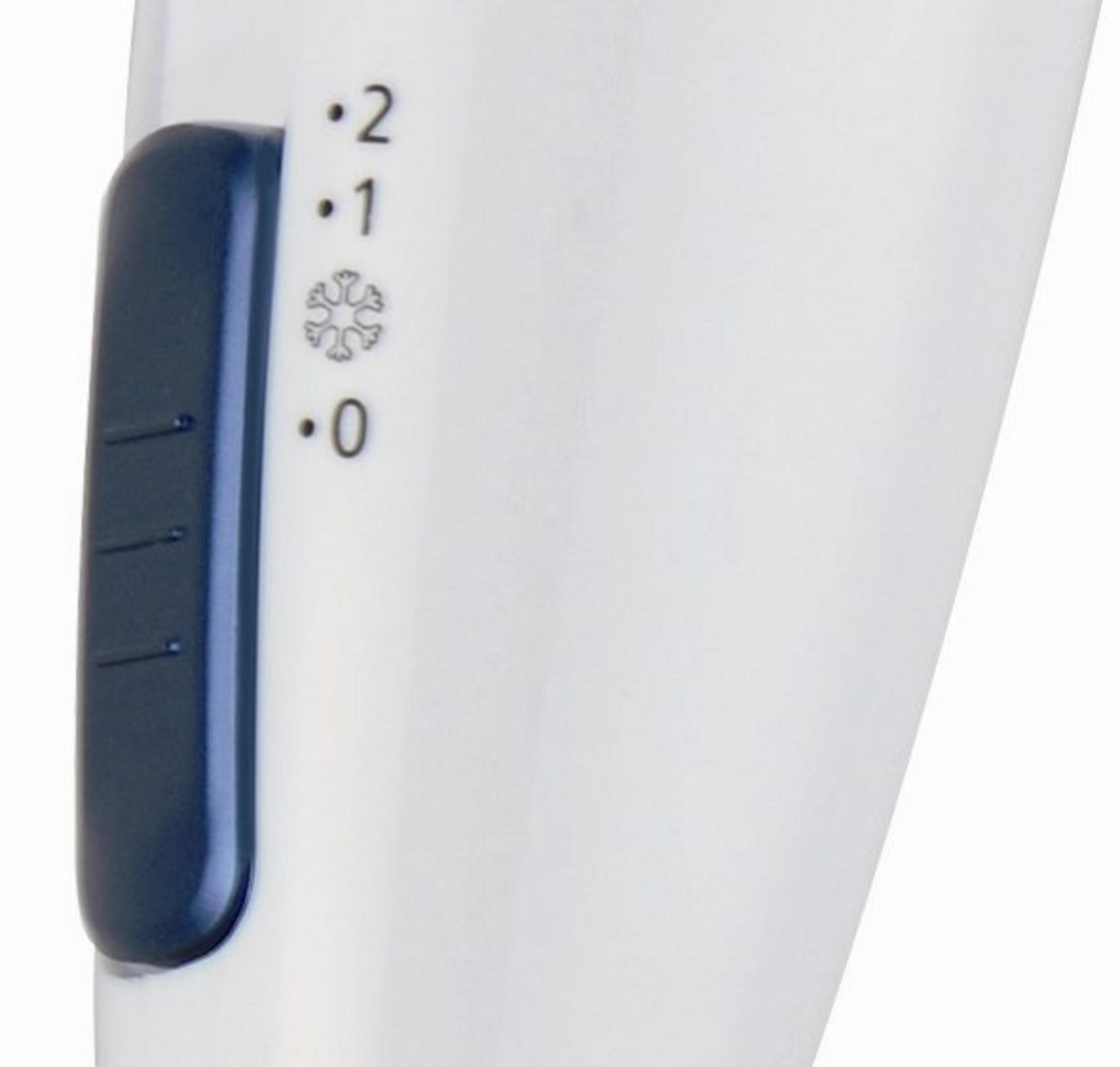 A white hair dryer handle features a blue switch with settings 0, snowflake, 1, and 2.