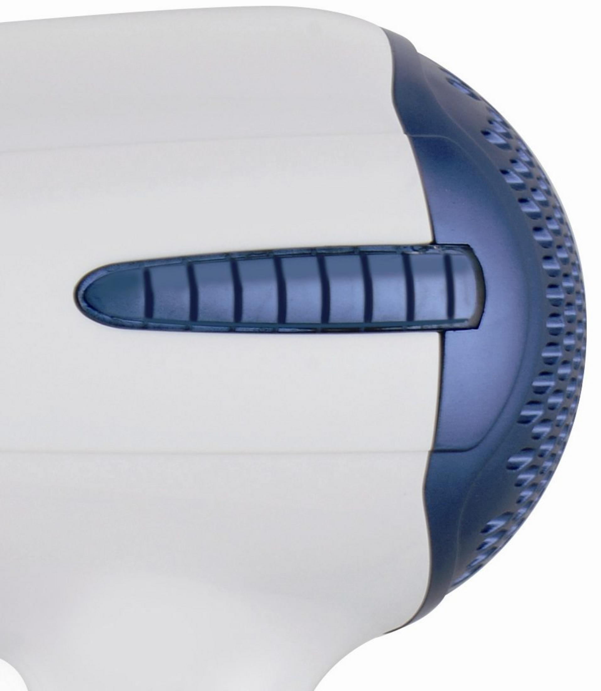 Close-up of a white and blue hairdryer, featuring a ribbed blue switch and a patterned blue rear vent.