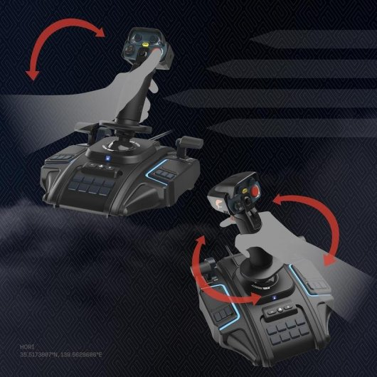 Dos manos operan joysticks negros en una base futurista sobre fondo oscuro.