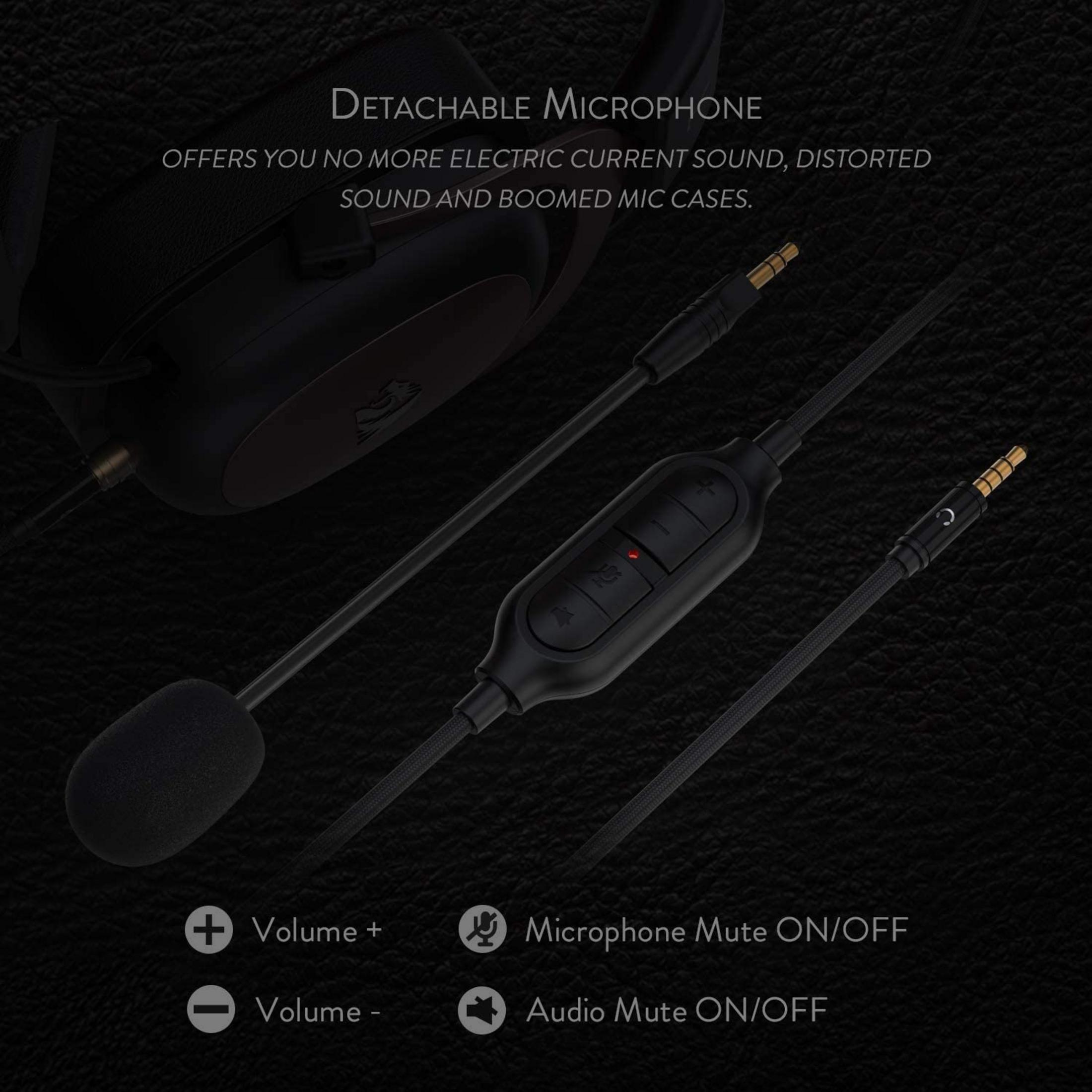 Micrófono desmontable con control en línea para auriculares sobre fondo negro.