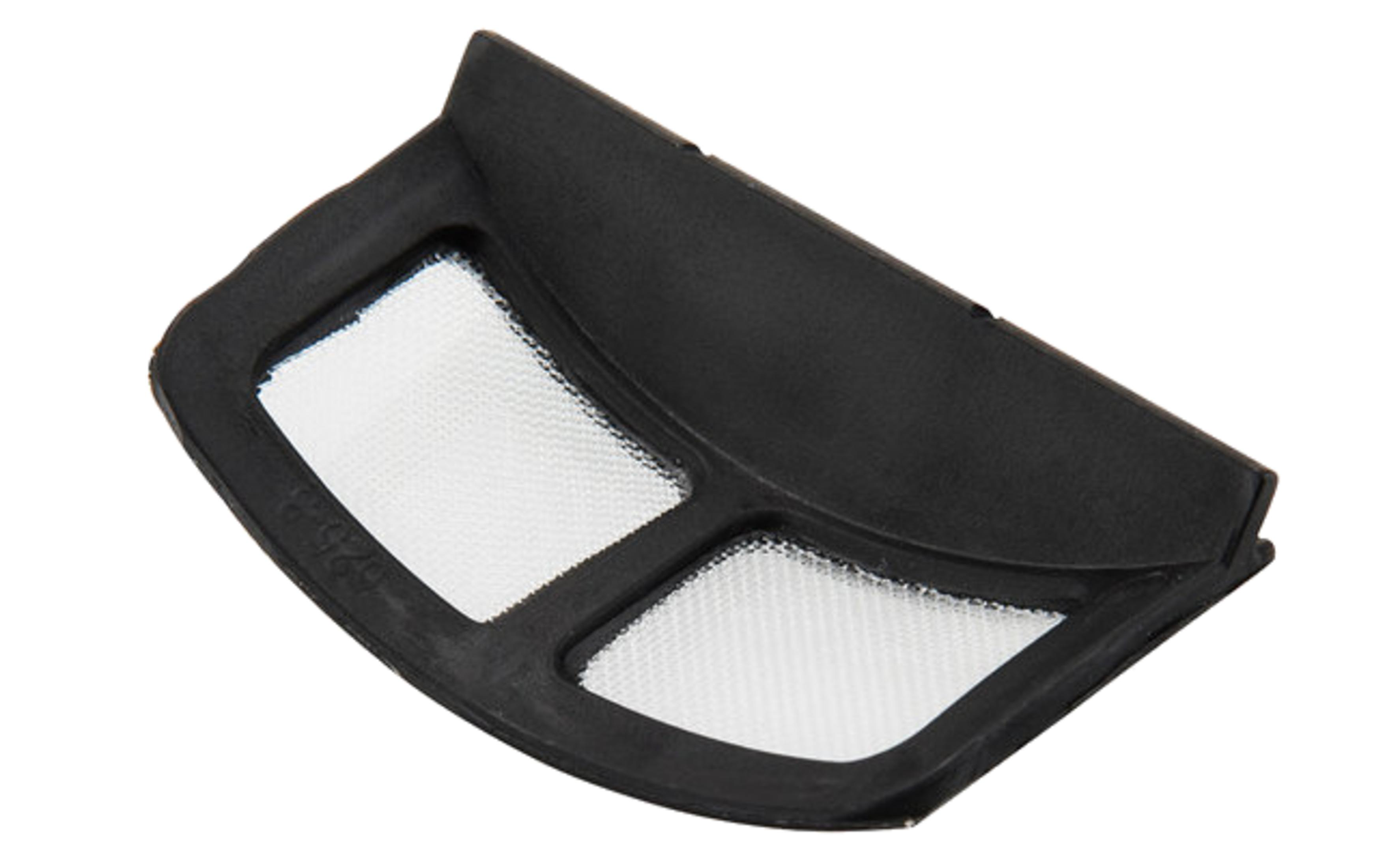 Filtro de plástico negro para electrodomésticos con dos secciones de malla blanca, aislado sobre fondo blanco.