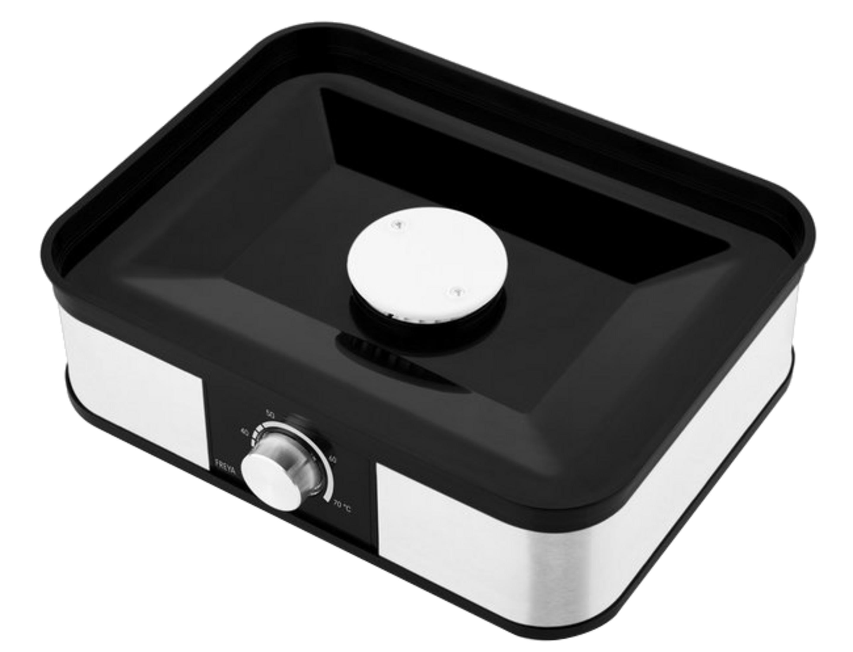 Ein schwarzes und silbernes Küchengerät mit einem runden Thermostatregler vorne.