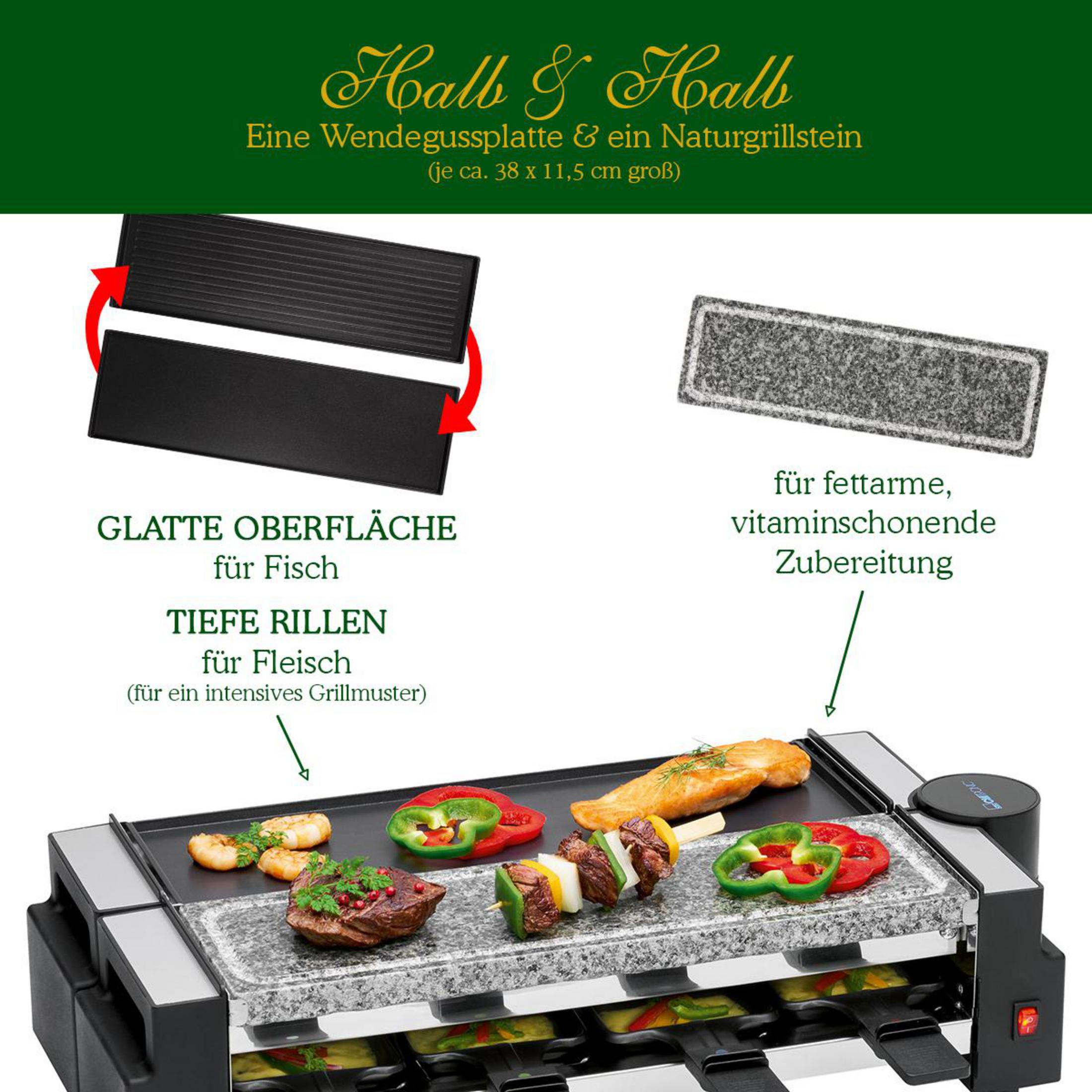 Parrilla raclette con placa reversible para carne y pescado, y piedra natural para asar sin grasa.