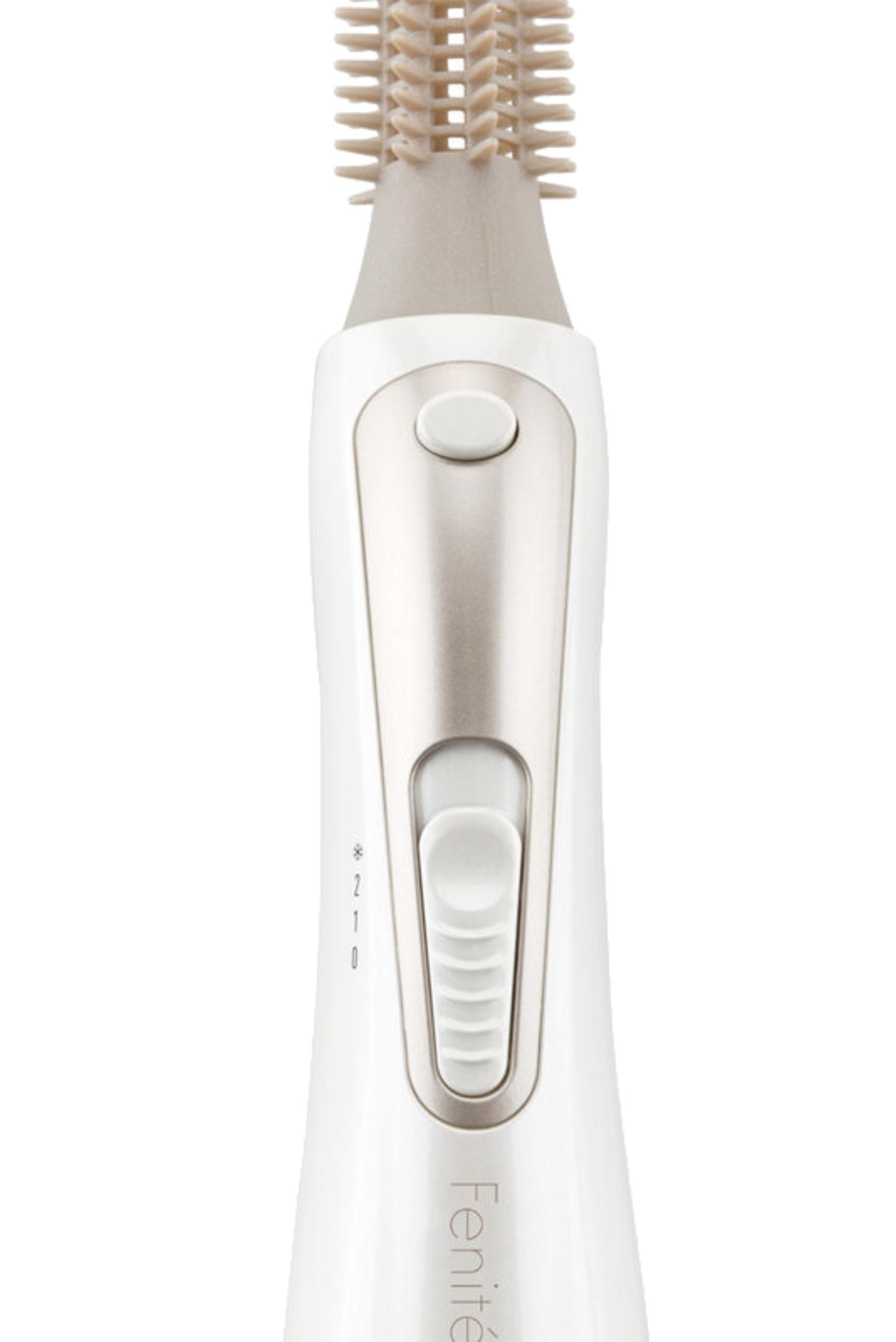 Manico per spazzola per capelli bianco con inserto dorato, pulsanti e setole in silicone.