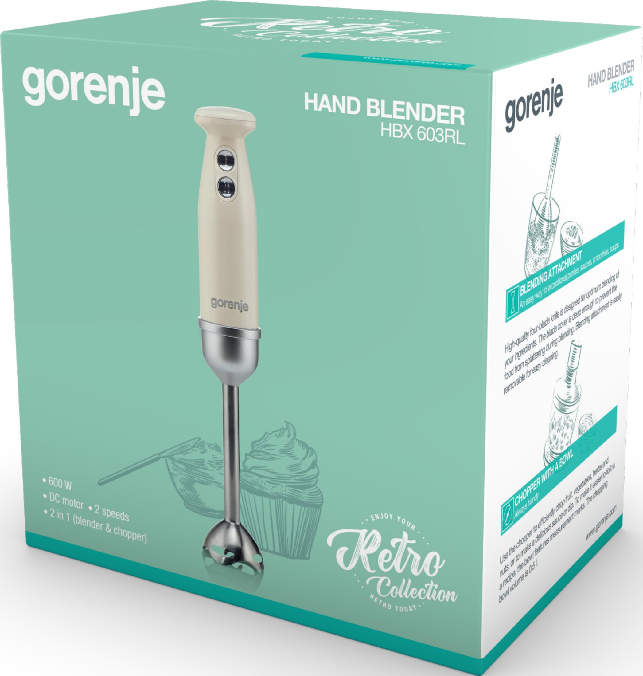 Türkisblaue Gorenje Handmixer Verpackung mit beigem Stabmixer und Retro-Design.