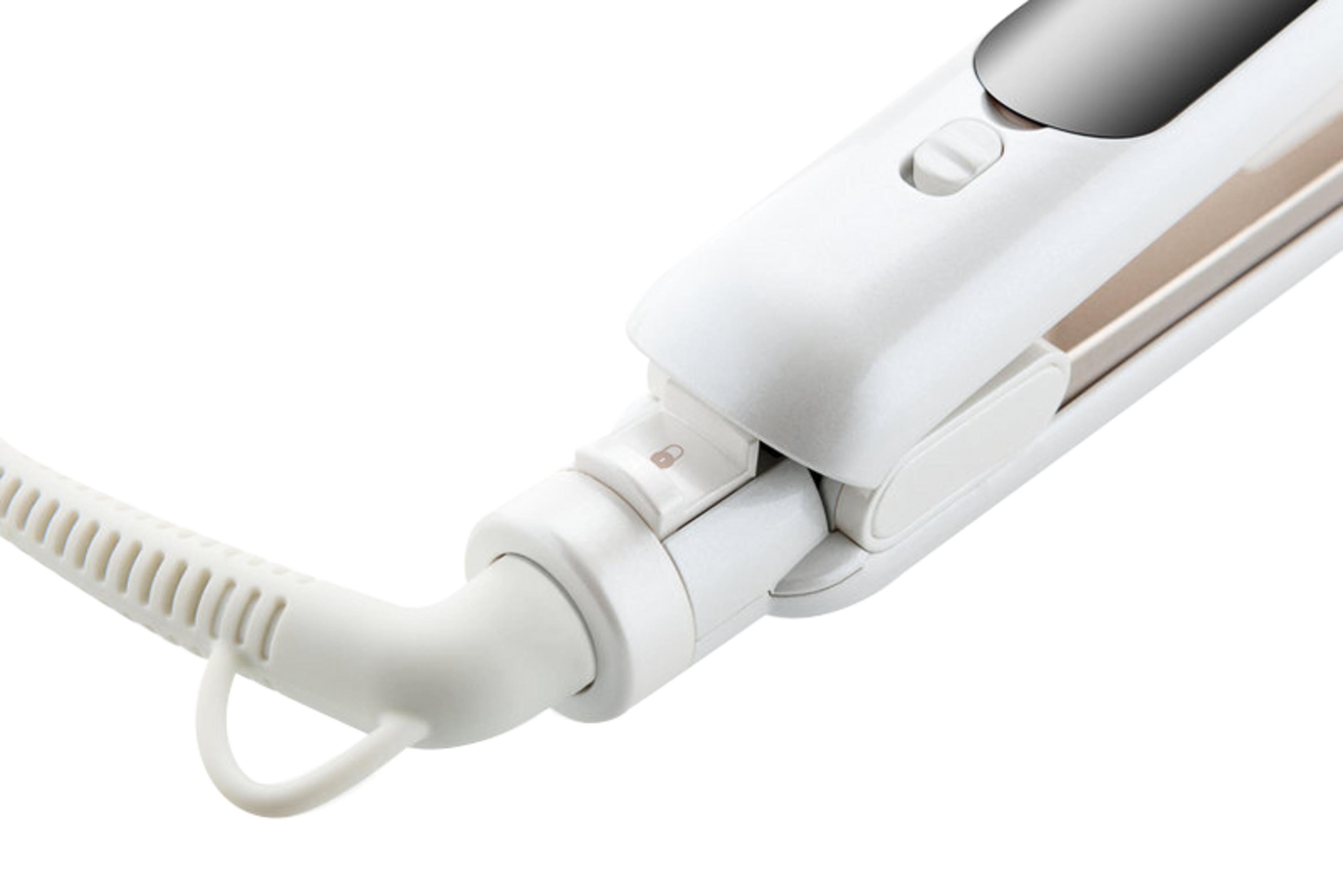Primer plano de una plancha de pelo blanca con símbolo de candado y cable sobre fondo blanco.