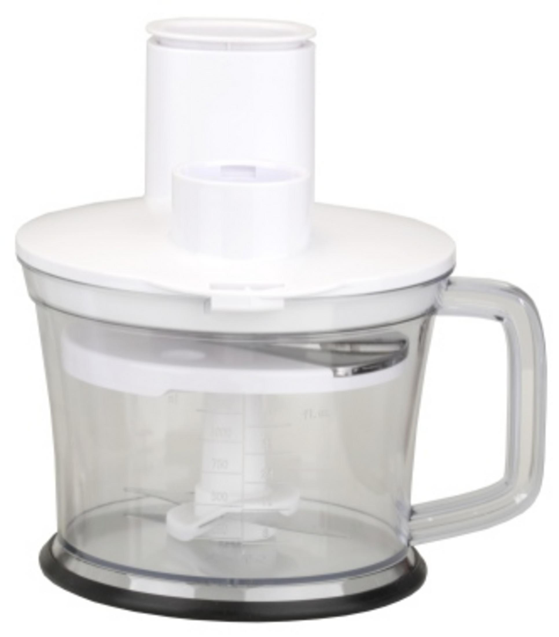 Ein weißer und transparenter Küchenmixer mit Schüssel, Griff und Klingen auf weißem Hintergrund.