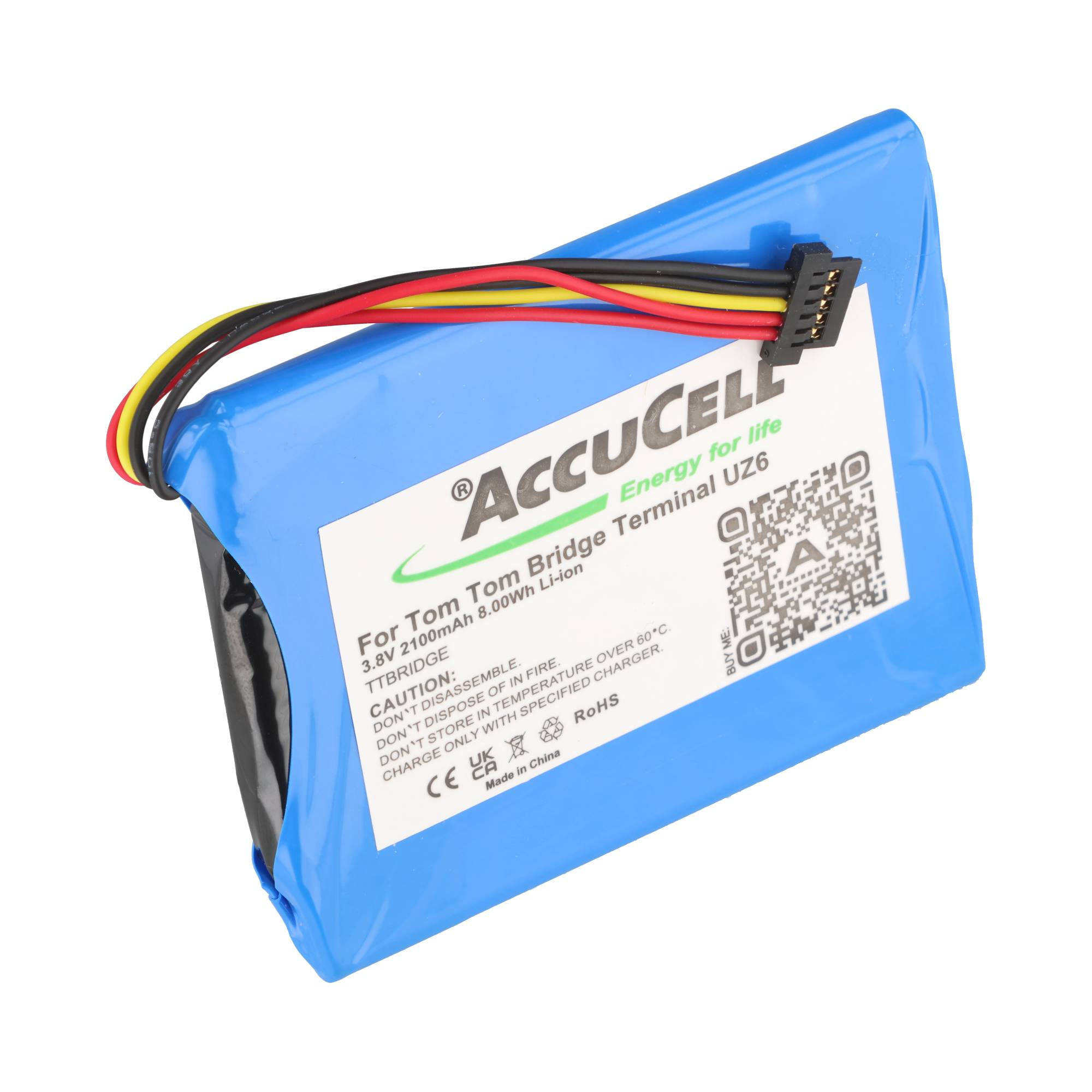 Ein blauer Akkucell Lithium-Ionen-Akku mit Kabeln und weißem Etikett gegen weißen Hintergrund.