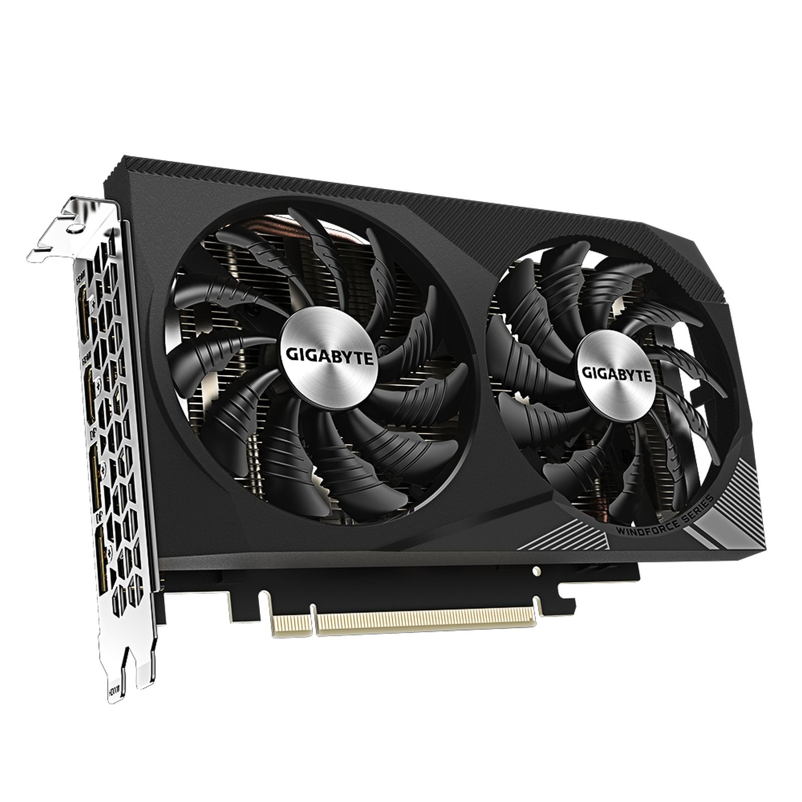 Schwarze Gigabyte Grafikkarte mit zwei Windforce-Lüftern und silbernem PCI-E-Anschluss auf weißem Hintergrund.