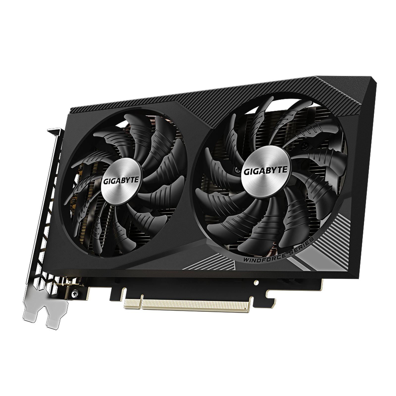Eine schwarze Gigabyte-Grafikkarte mit zwei Kühllüftern auf weißem Hintergrund.