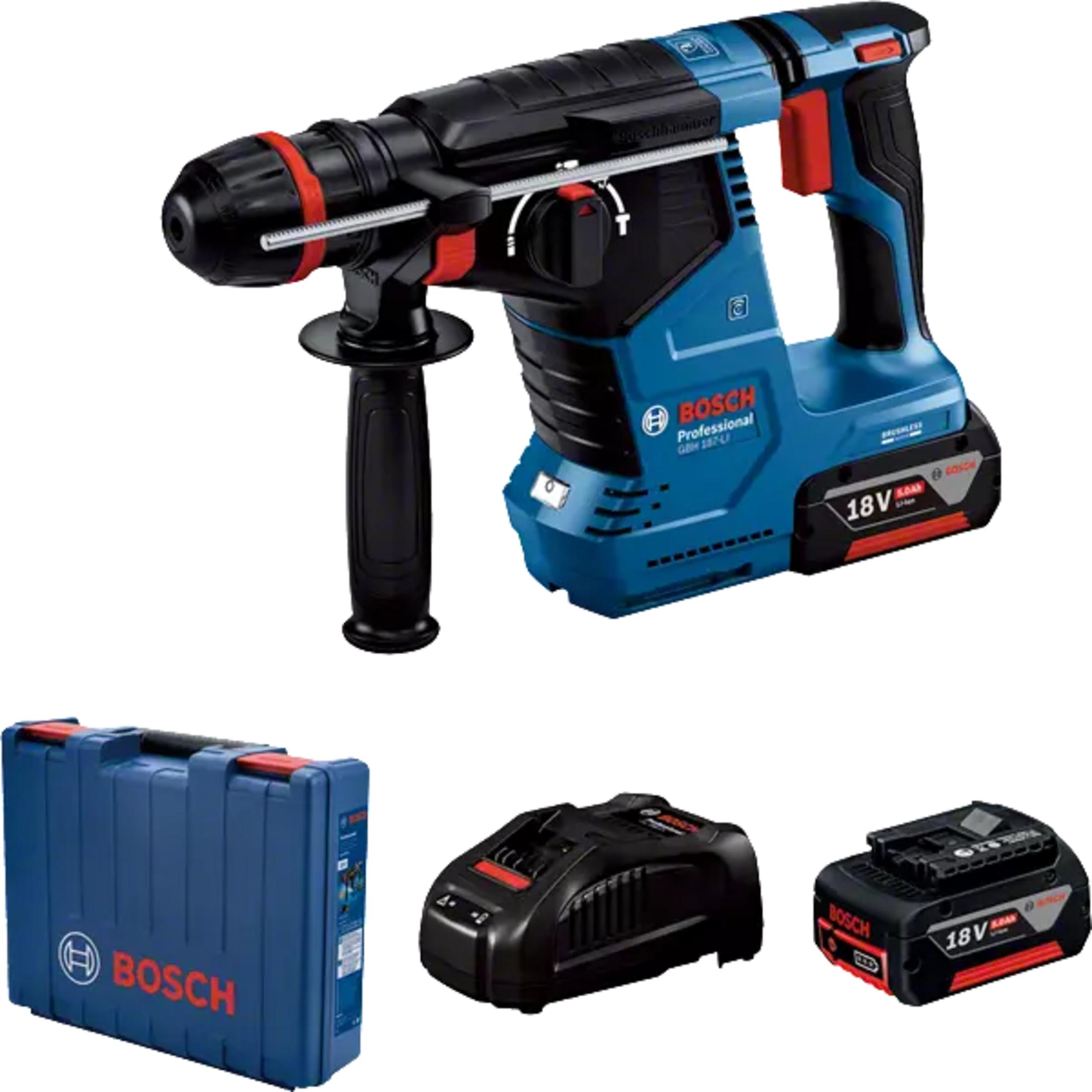 Çanta, şarj cihazı ve pil içeren mavi Bosch Professional akülü kırıcı delici.