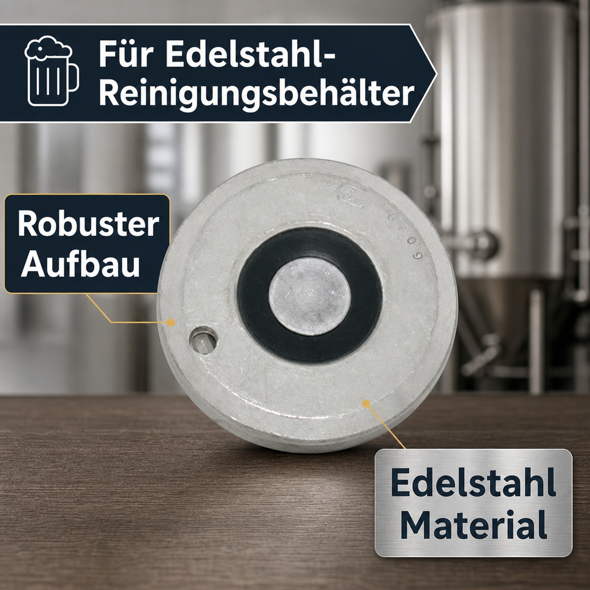 Rond RVS onderdeel op hout met Duitse tekstlabels.