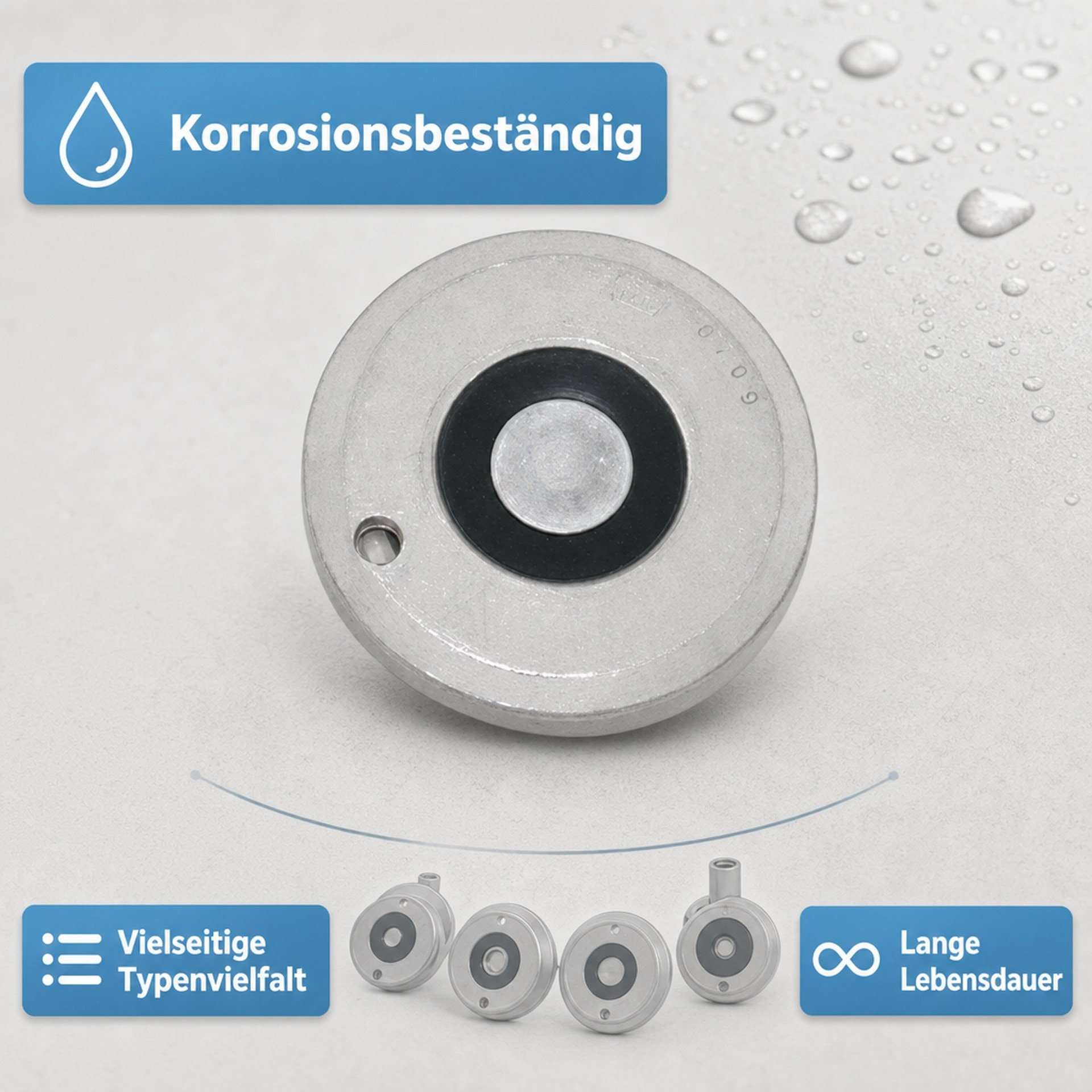 Een ronde zilveren magneet met zwarte ring op lichte achtergrond met waterdruppels en tekstbannners.