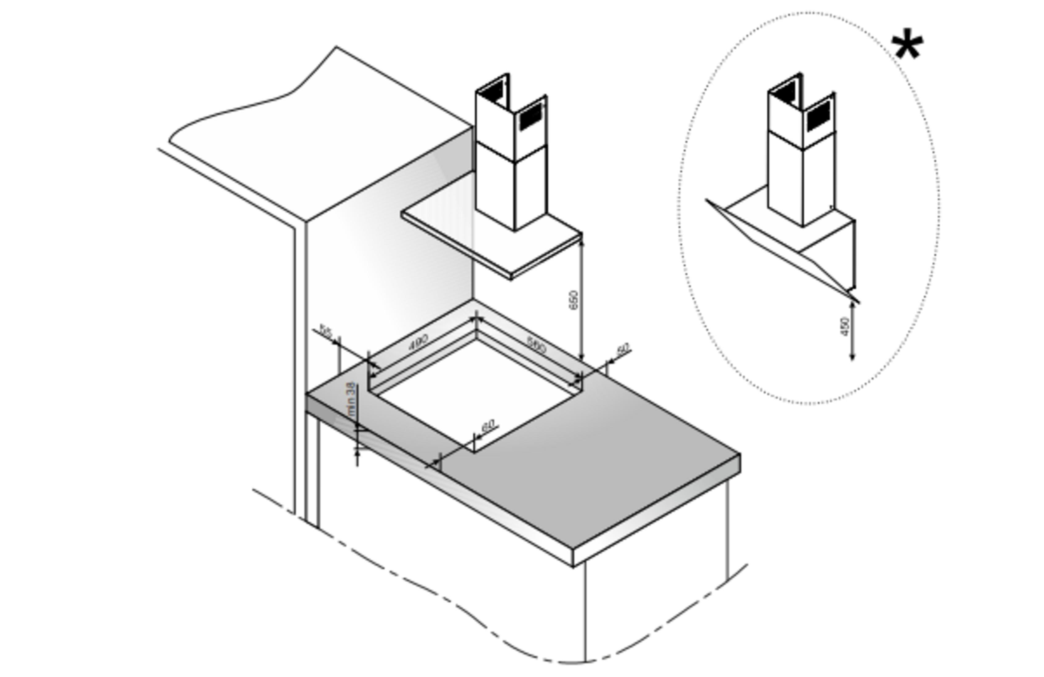 Dibujo técnico de una encimera de cocina y campana extractora con medidas.
