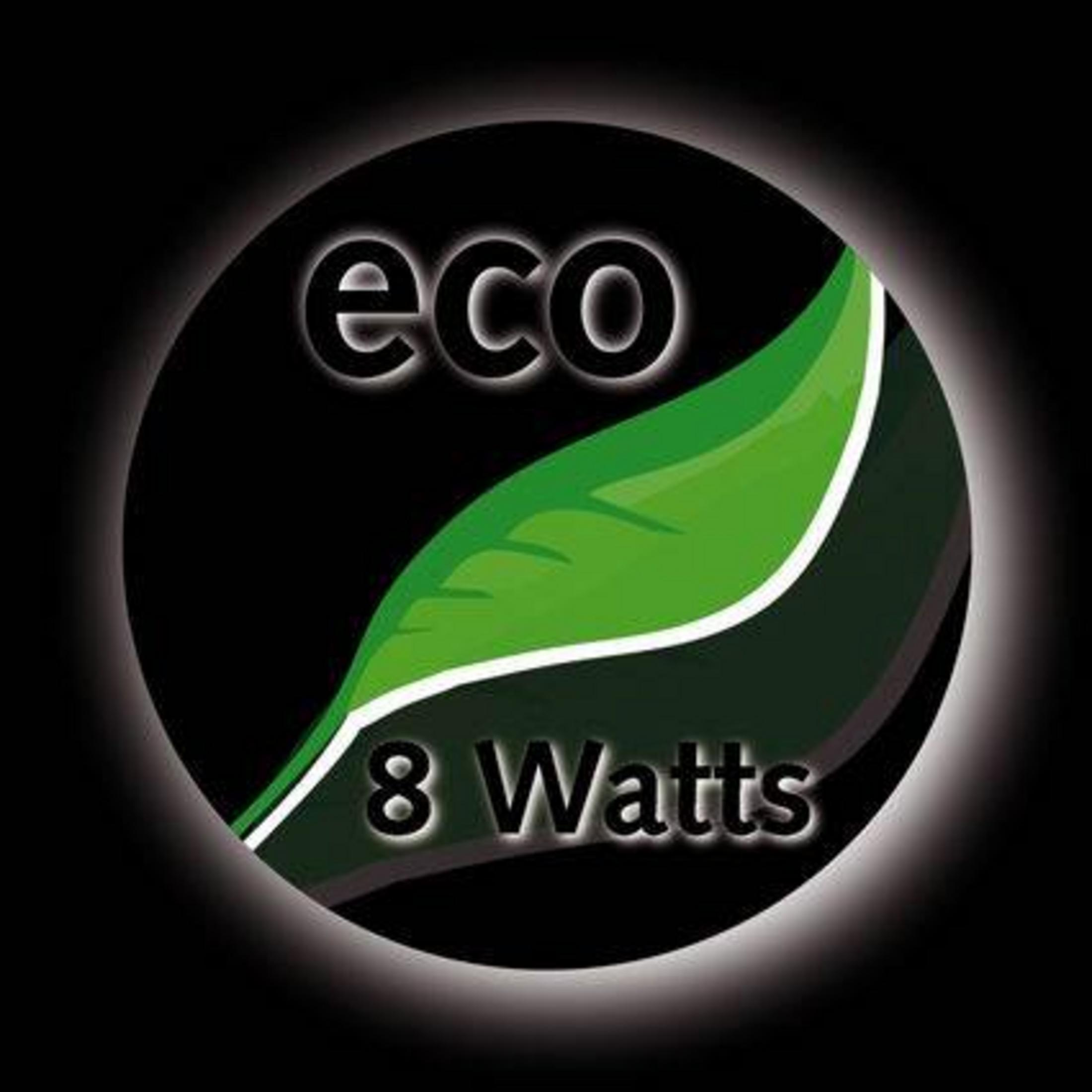 Okrągła etykieta eko z zielonym liściem i napisem eco 8 Watts na czarnym tle.