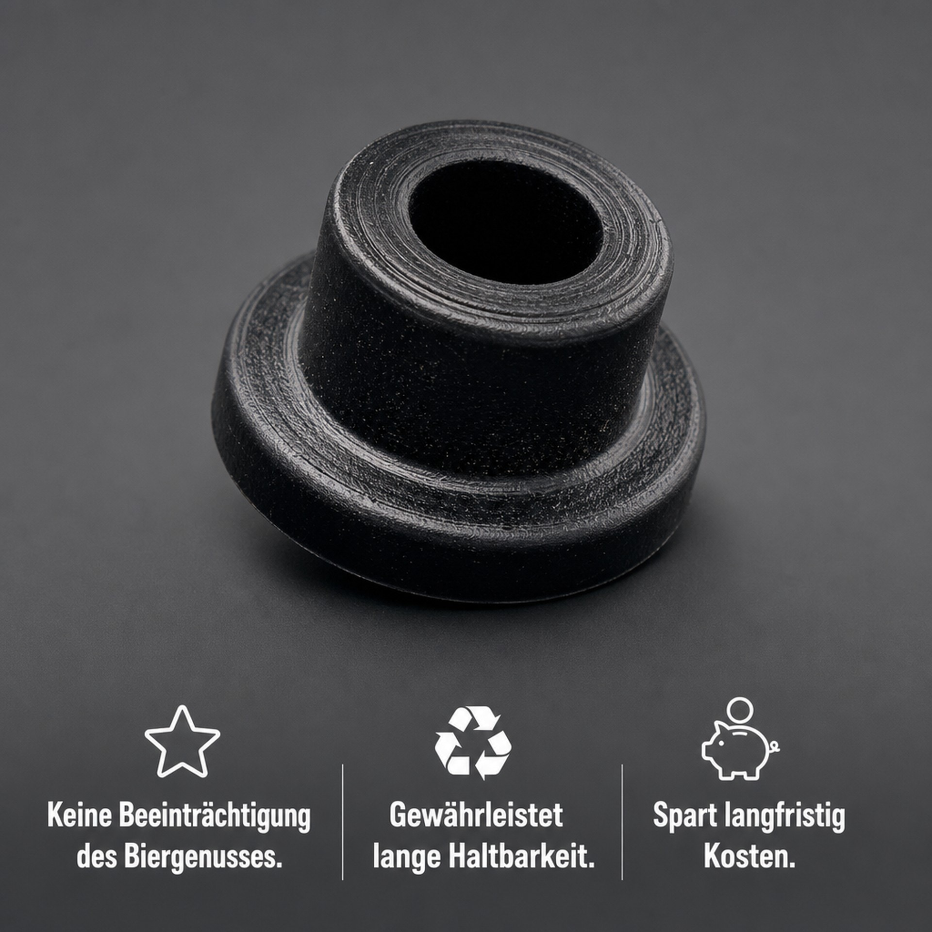 Un anello di tenuta in plastica nera su sfondo scuro con tre icone promozionali e testo.