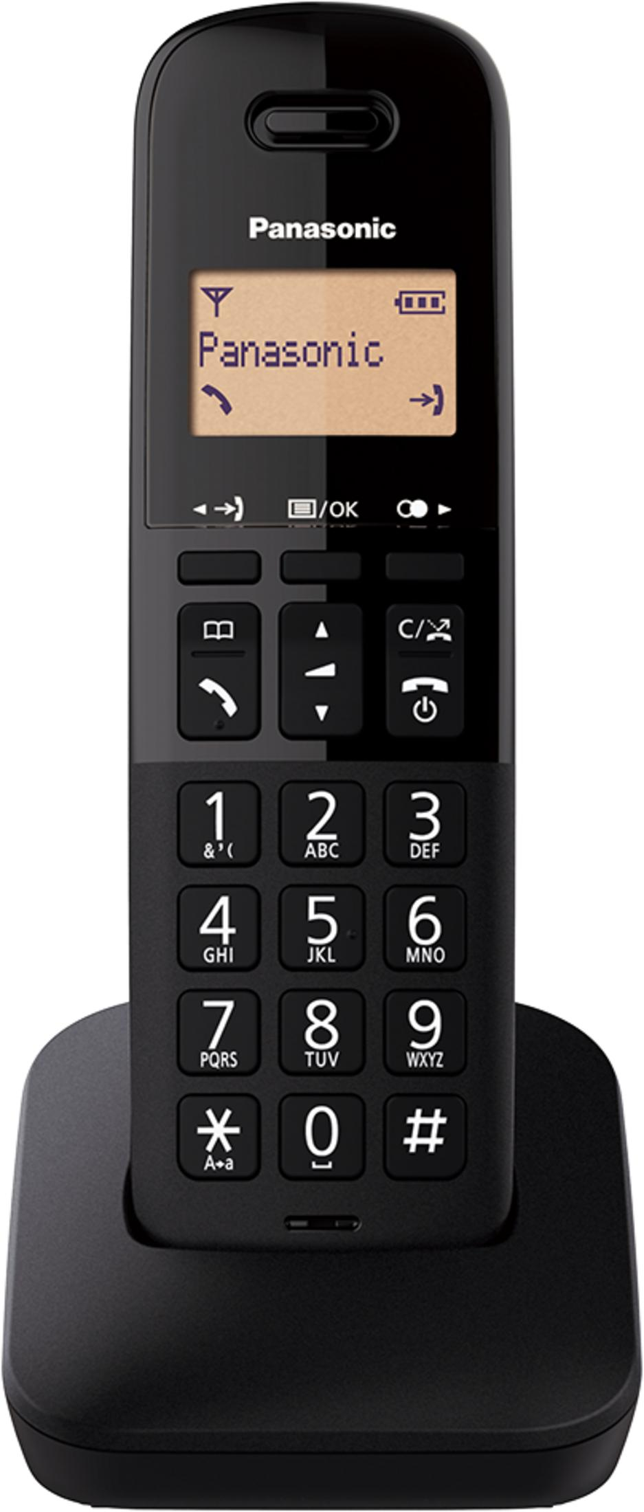 Czarne bezprzewodowe telefon stacjonarny Panasonic w bazie ładującej, z wyświetlaczem cyfrowym i klawiaturą.