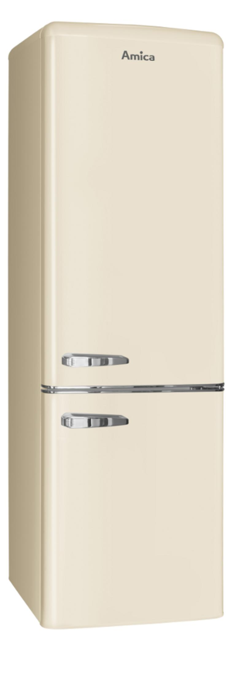Ein cremefarbener Amica-Retro-Kühlschrank mit Chromgriffen und zwei Türen.