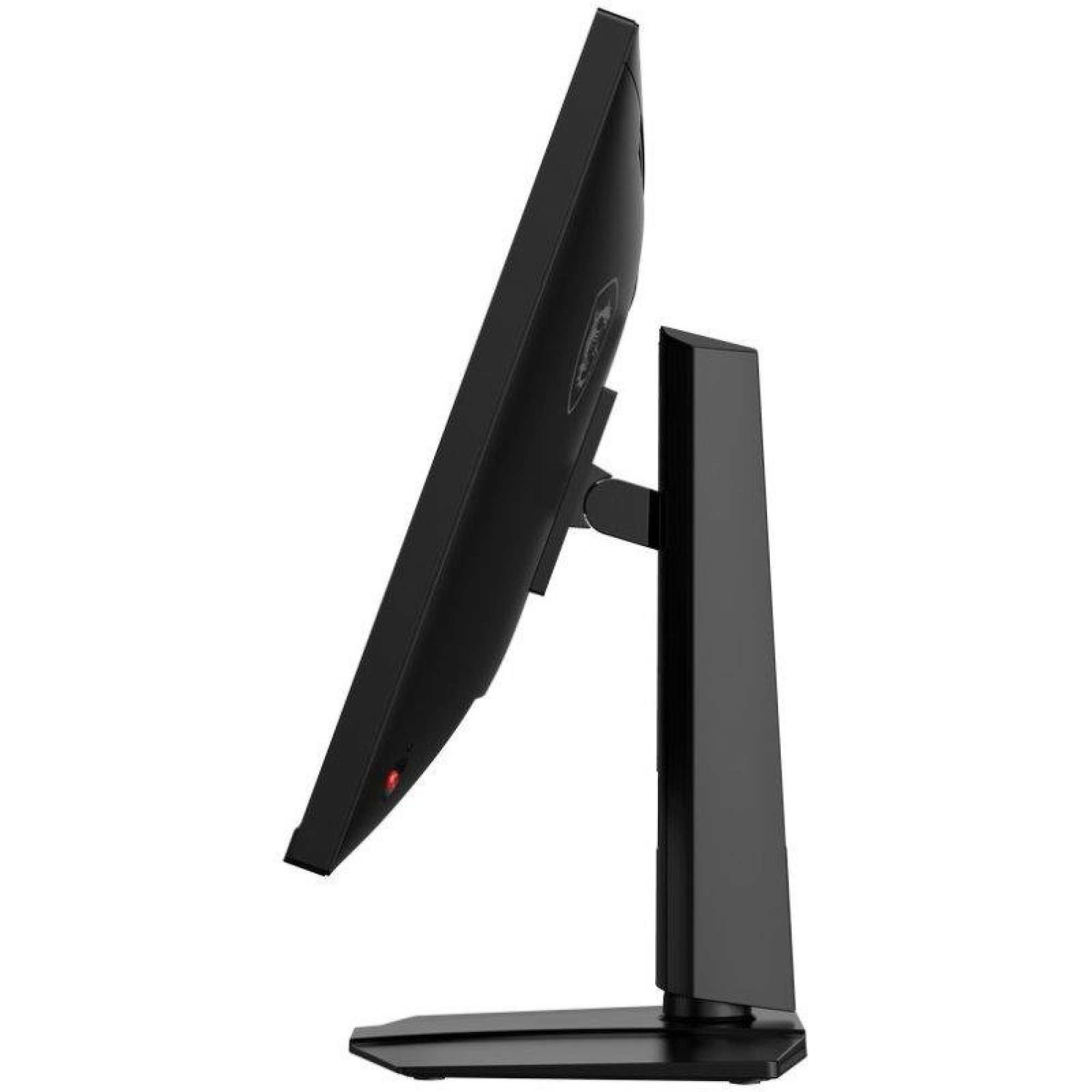 Vista laterale di un sottile monitor per computer nero su supporto, sfondo bianco.