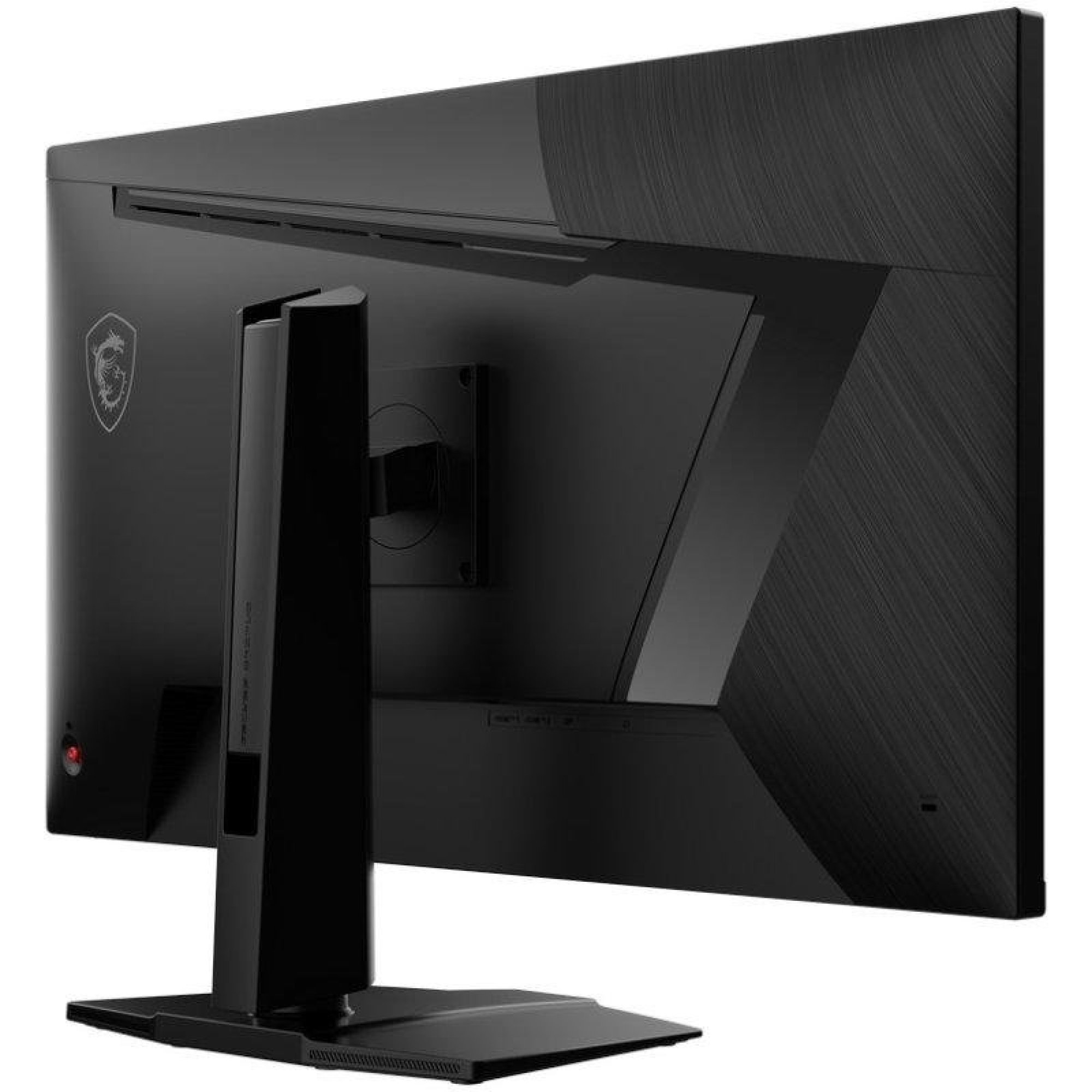 Vista posteriore di un moderno monitor nero per computer su supporto regolabile con logo MSI.