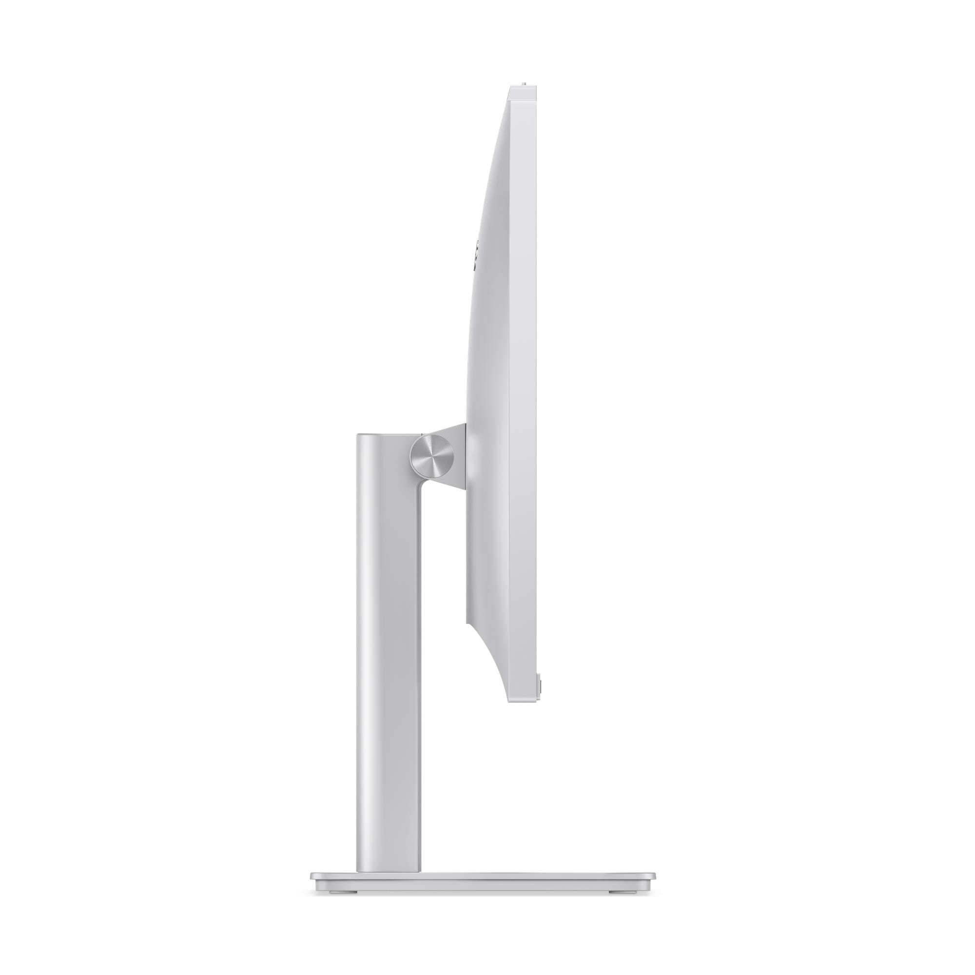 Vista laterale di un sottile monitor per computer bianco su un moderno supporto argento.