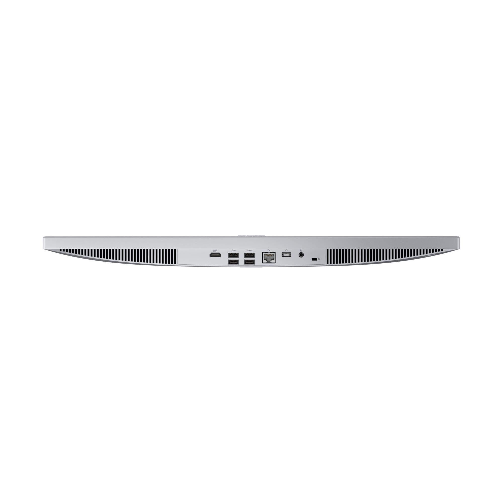 Vista inferiore di un sottile monitor argento con varie porte e griglie di ventilazione.