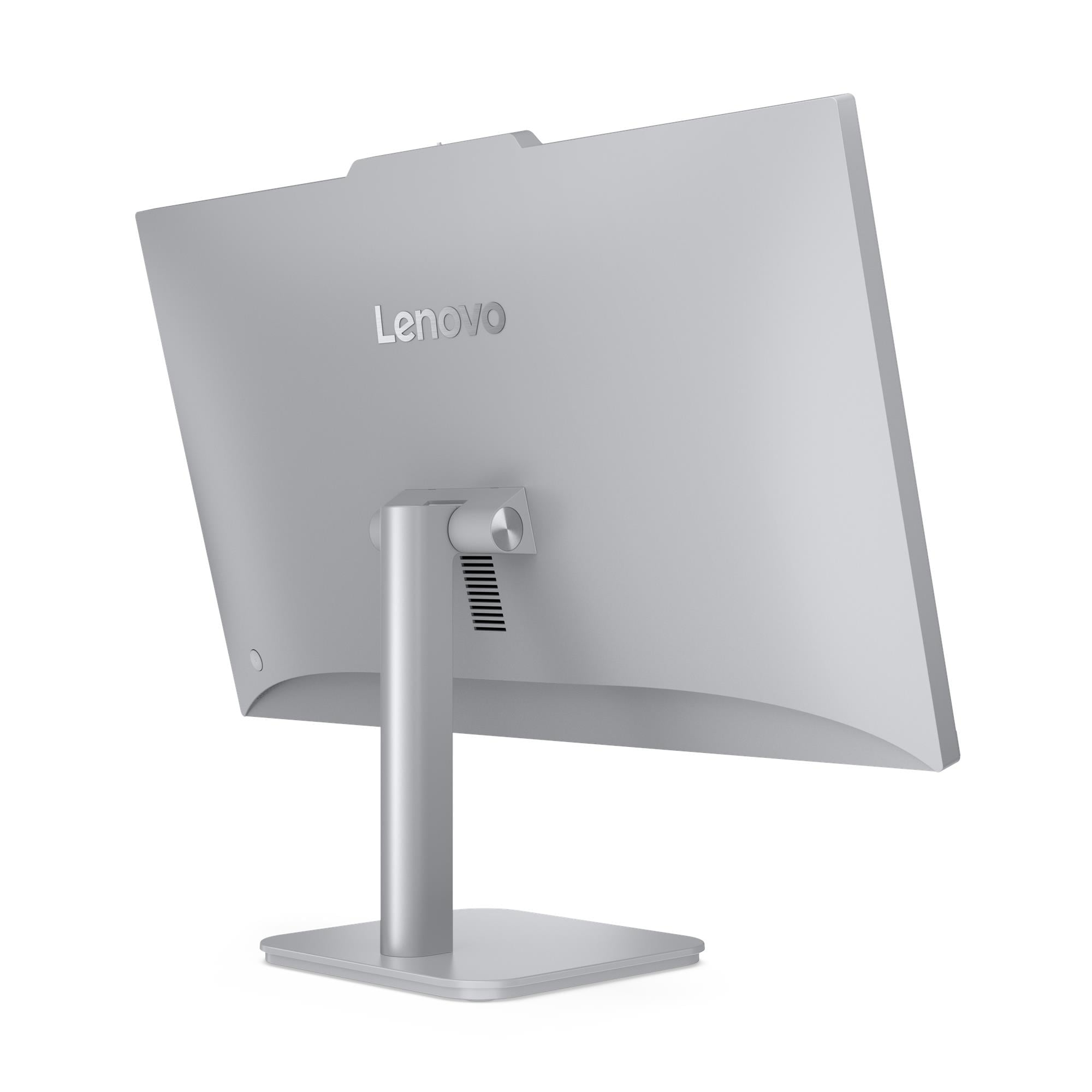 Vista posteriore di un computer desktop all-in-one Lenovo argentato con supporto su sfondo bianco.