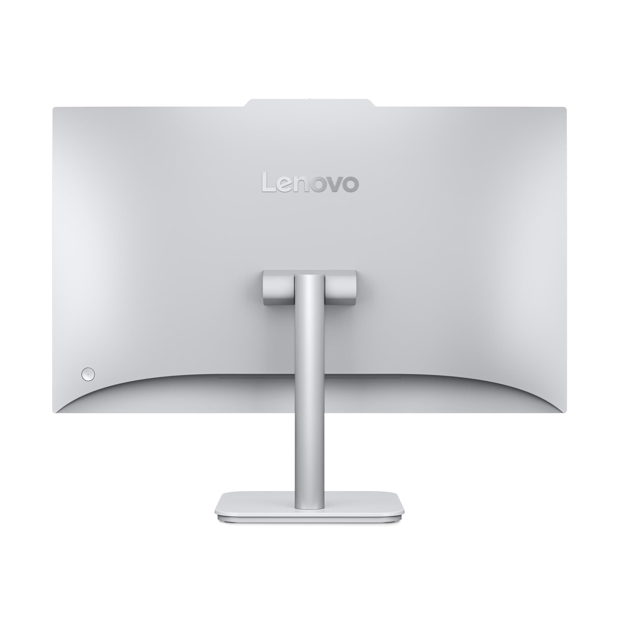 Retro di un monitor Lenovo argento con supporto su sfondo bianco.