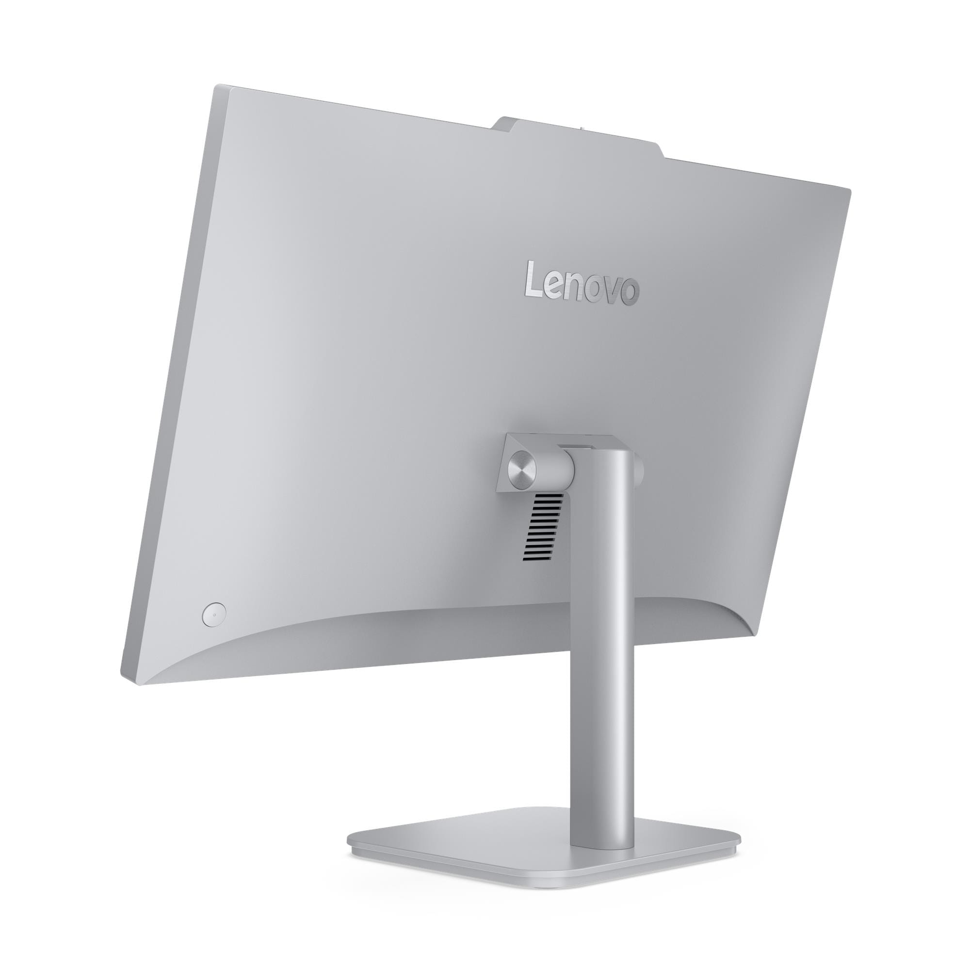 Vista posteriore di un computer all-in-one Lenovo argentato con supporto su sfondo bianco.