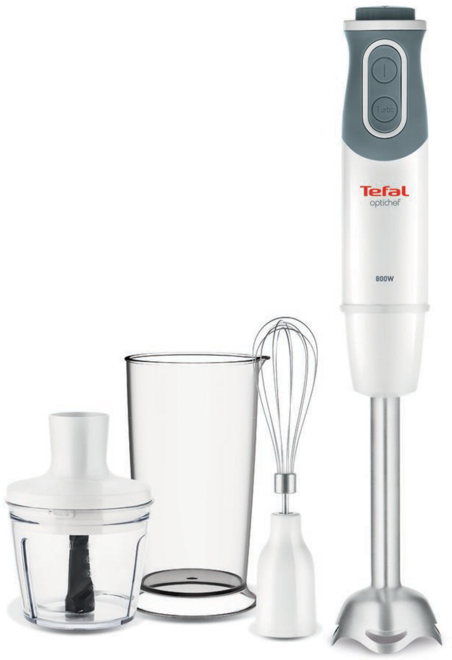 Ein weißer Tefal Optichef Stabmixer mit Becher, Zerkleinerer und Schneebesen auf weißem Hintergrund.