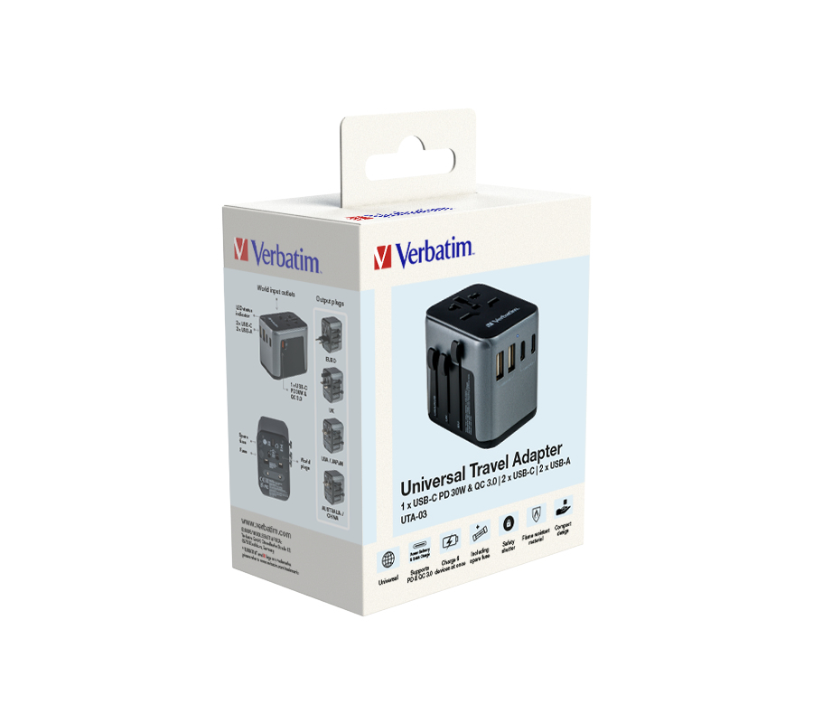 Adaptador de viaje universal Verbatim en empaque blanco con imágenes del dispositivo y detalles técnicos.