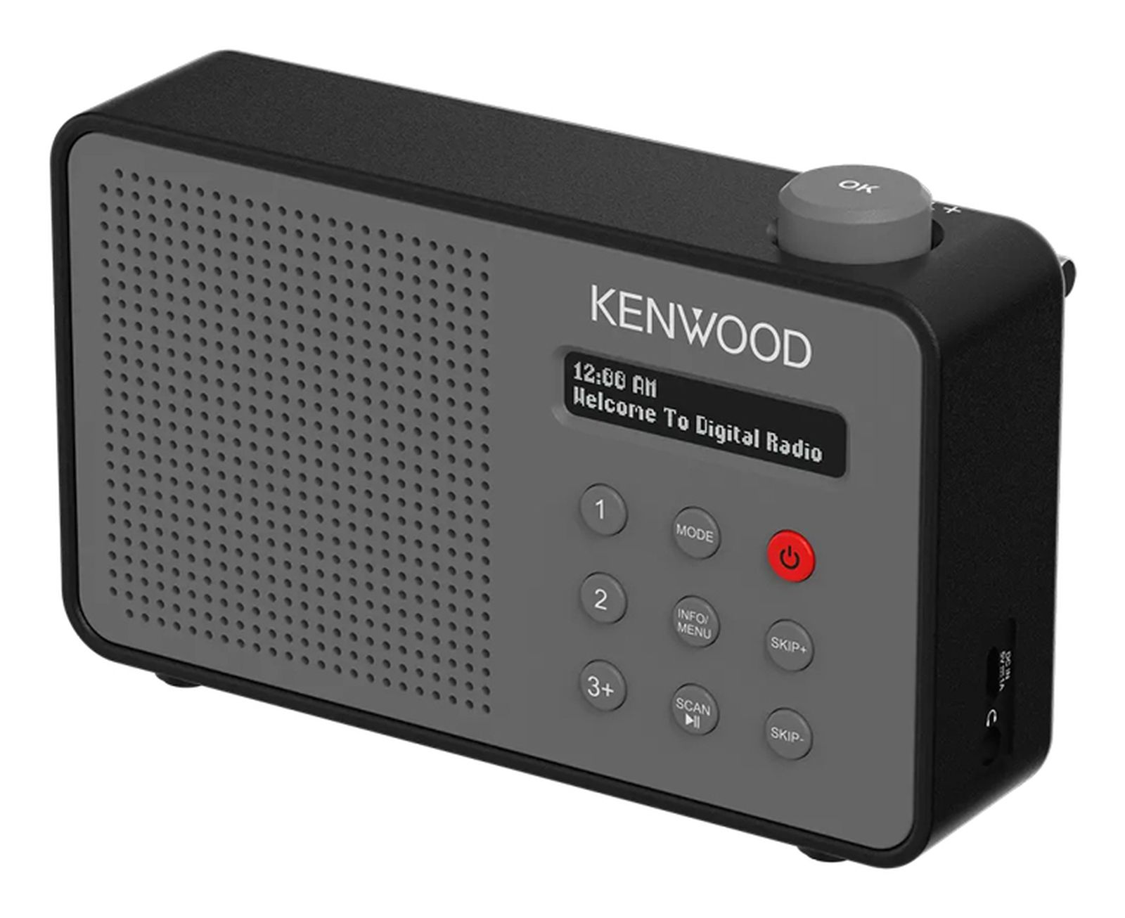 Ein graues Kenwood Digitalradio mit Tasten, Lautsprecher und Display auf schwarzem Gehäuse.