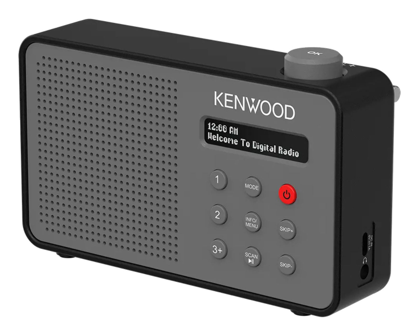 Schwarzes Kenwood Digitalradio mit grauem Lautsprechergitter, LCD-Bildschirm, Kontrolltasten und Drehregler.