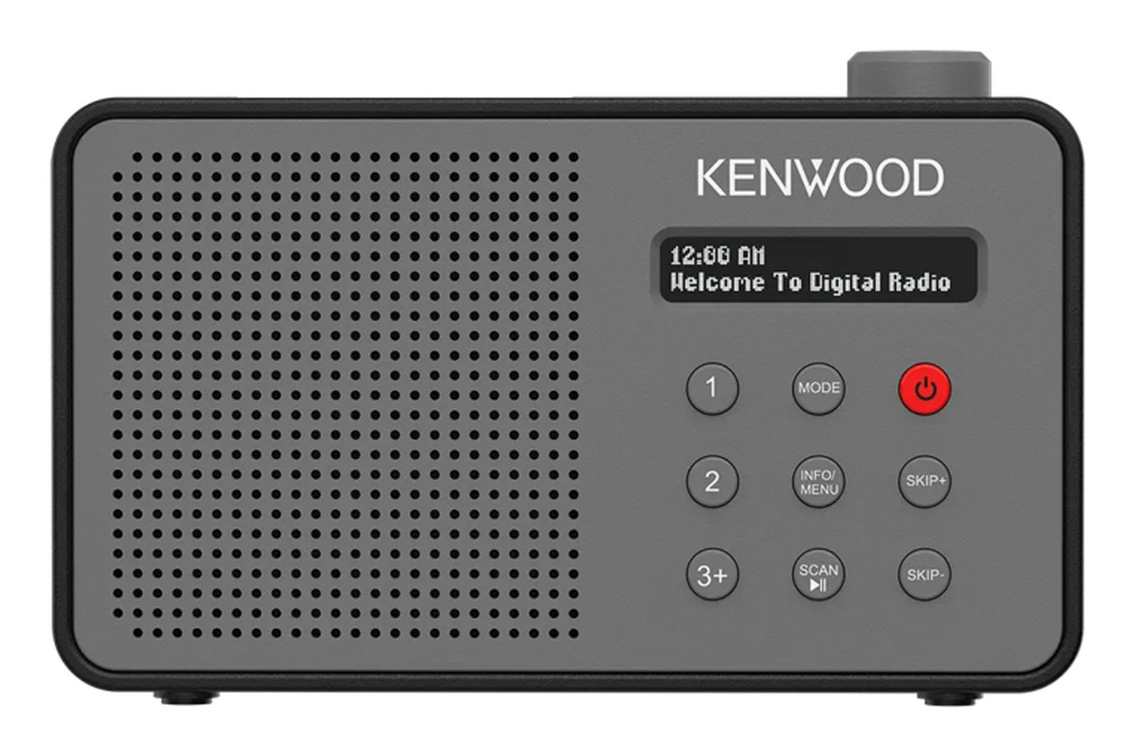 Ein graues Kenwood Digitalradio mit Lautsprechergitter links, Display und runden Tasten rechts.