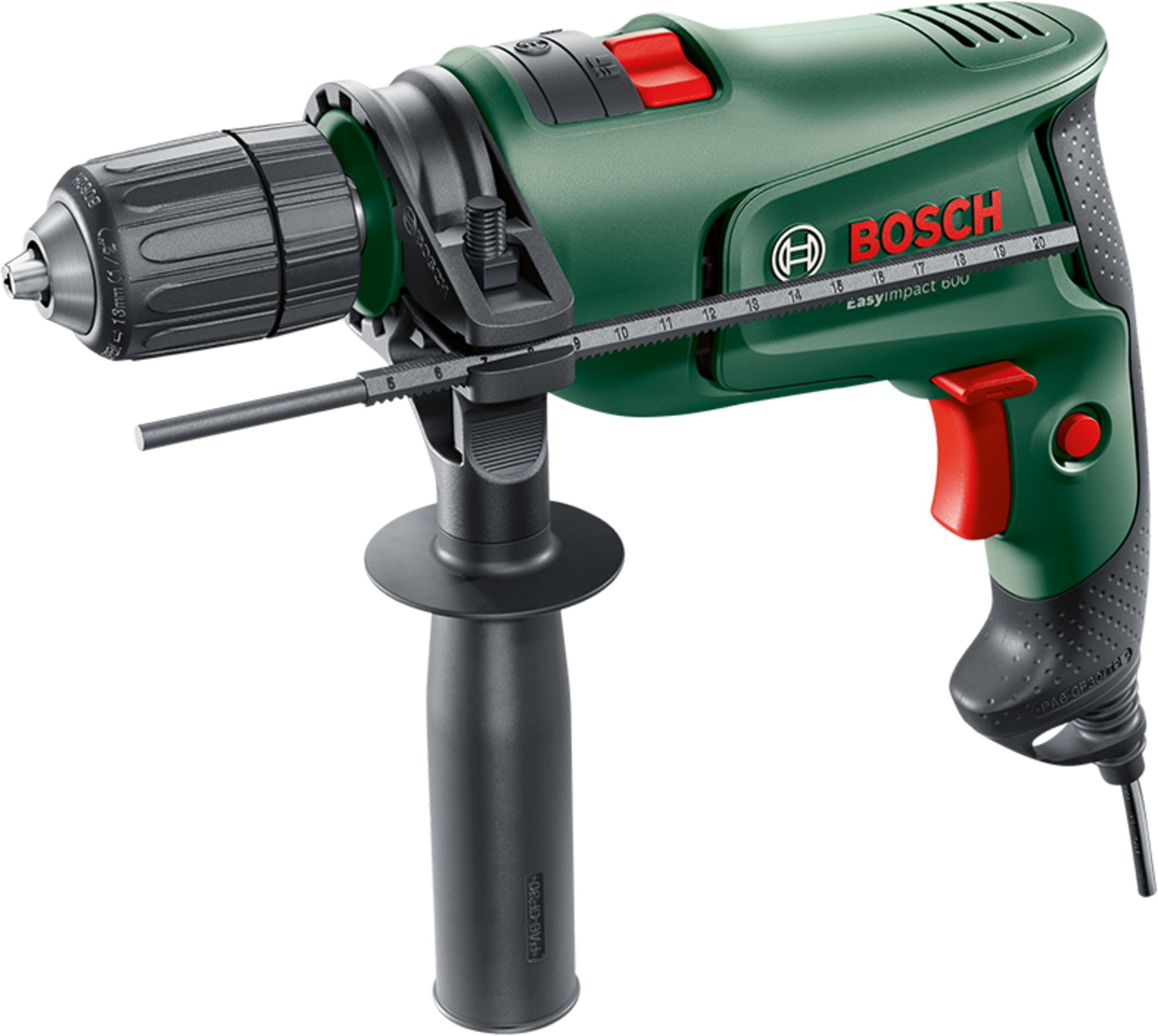 Trapano a percussione Bosch verde con impugnatura laterale nera e asta di profondità su sfondo bianco.