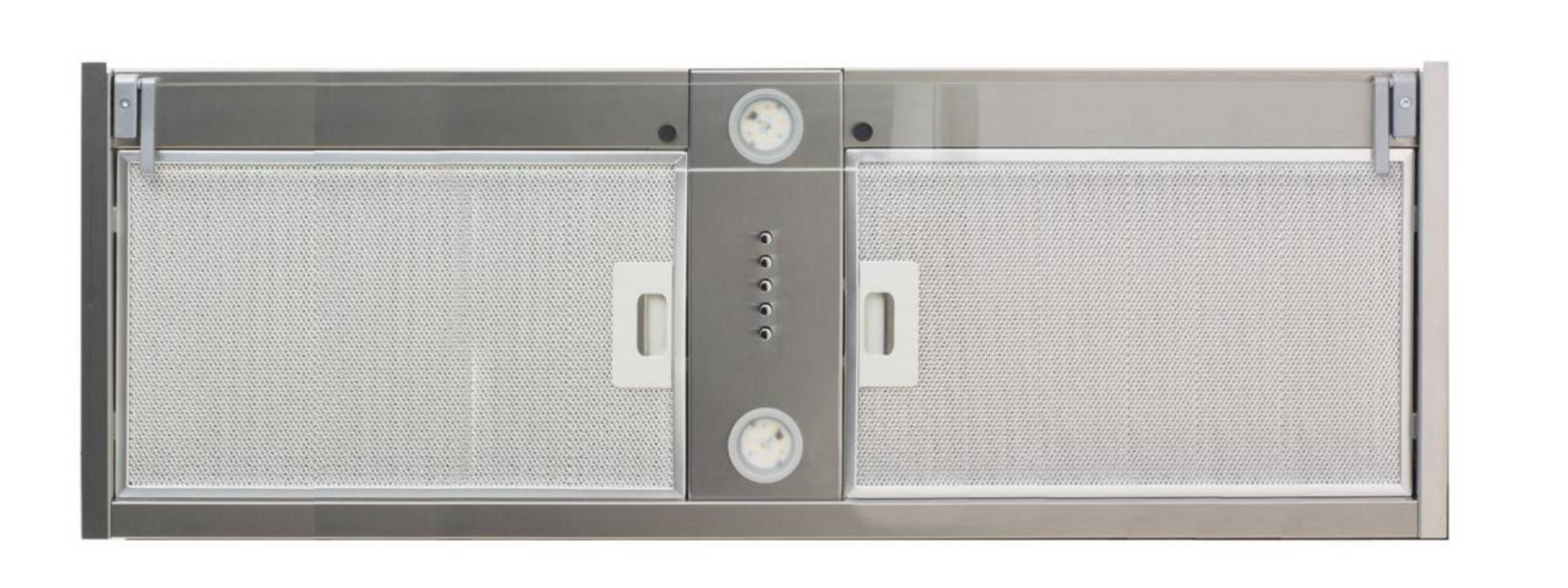 Campana extractora de acero inoxidable con dos filtros grandes, luces integradas y botones de control centrales.