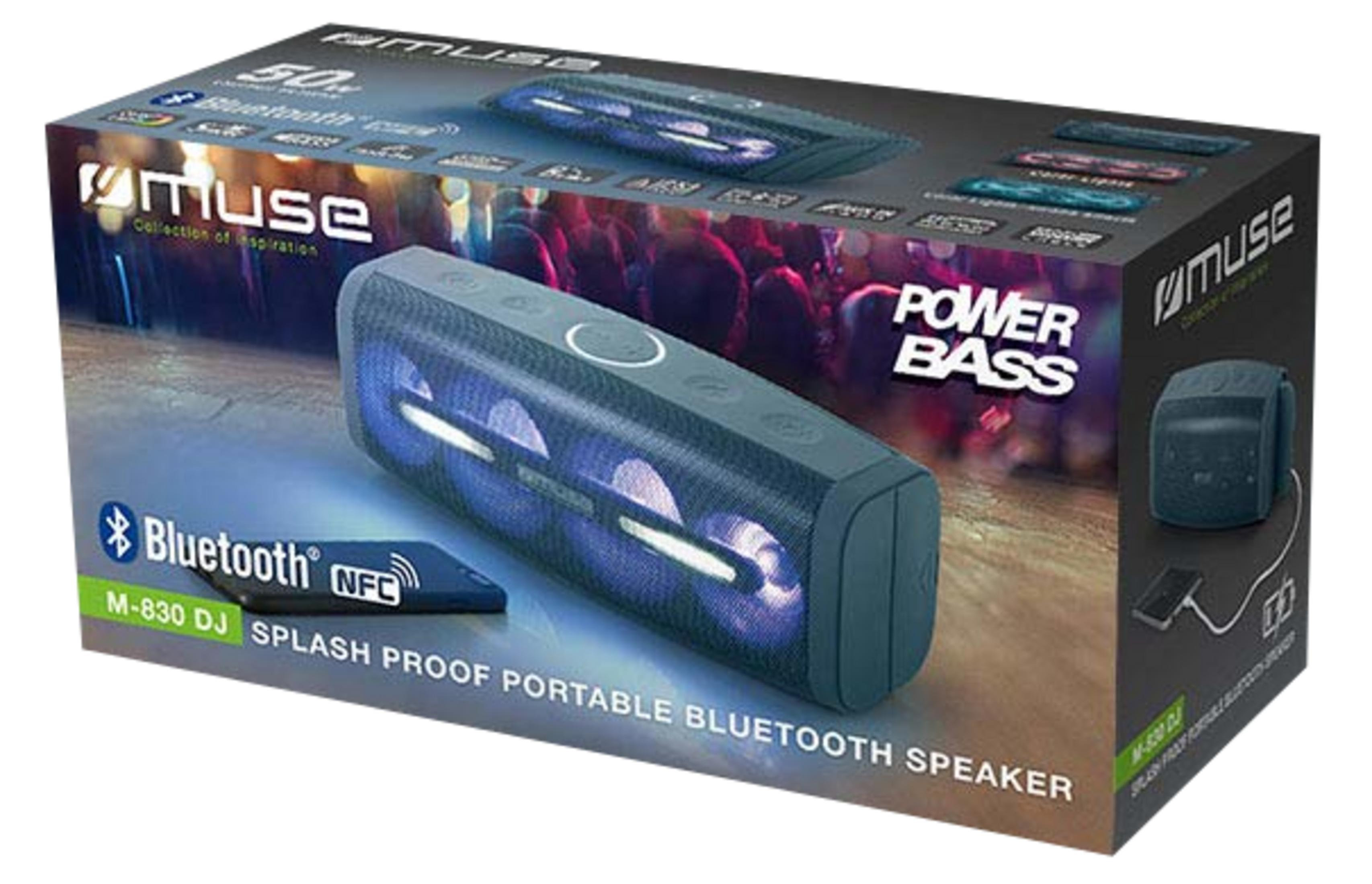 Packaging for a Muse M-830 DJ splash proof portable Bluetooth speaker with power bass.