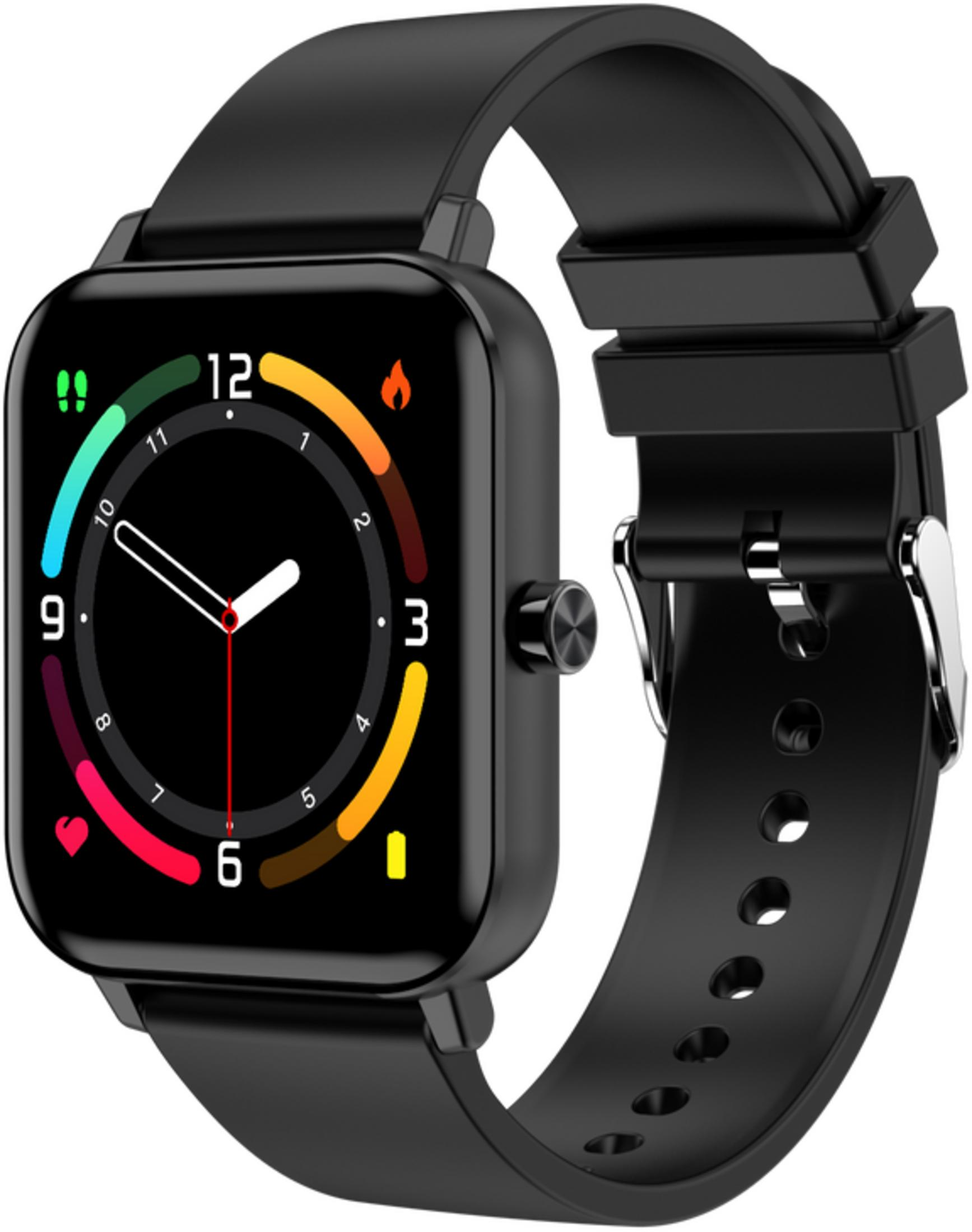 Un reloj inteligente negro con pantalla cuadrada y anillos de actividad coloridos sobre fondo blanco.