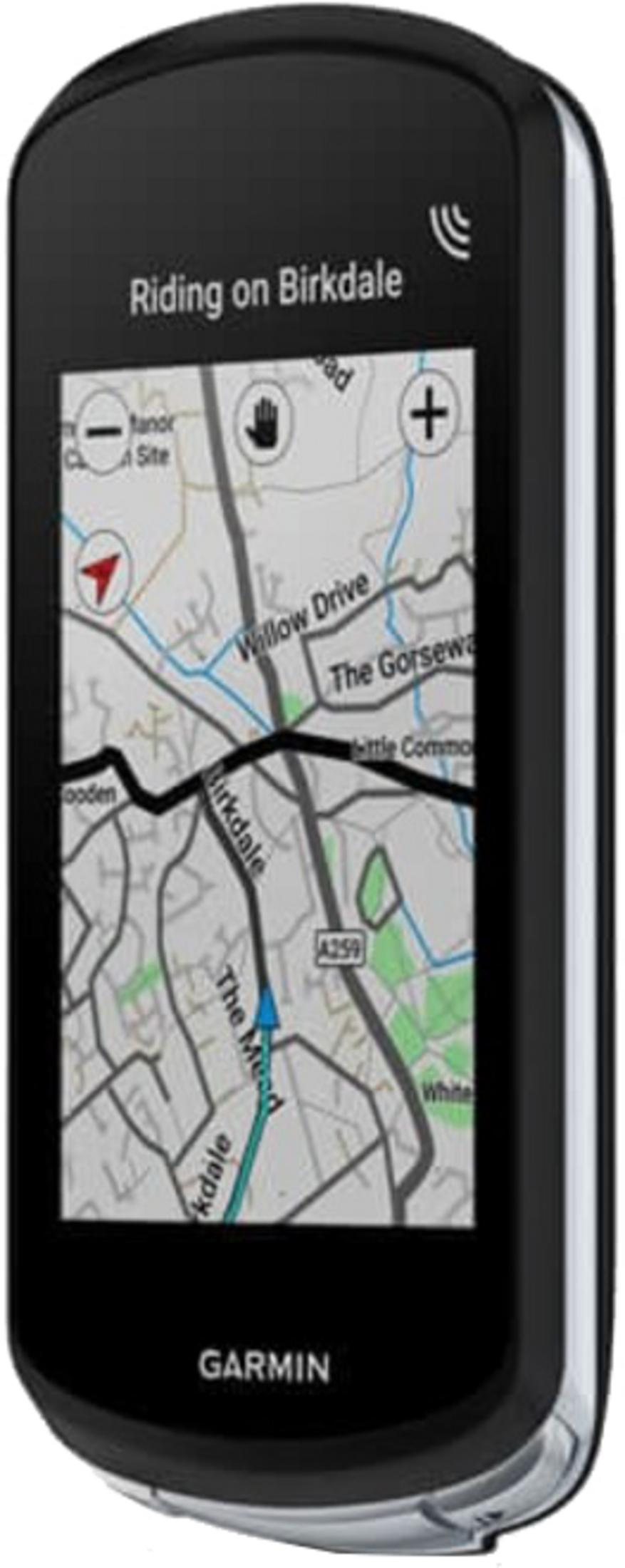 Ein schwarzer Garmin-Fahrradcomputer zeigt eine Straßenkarte mit dem Text Riding on Birkdale.