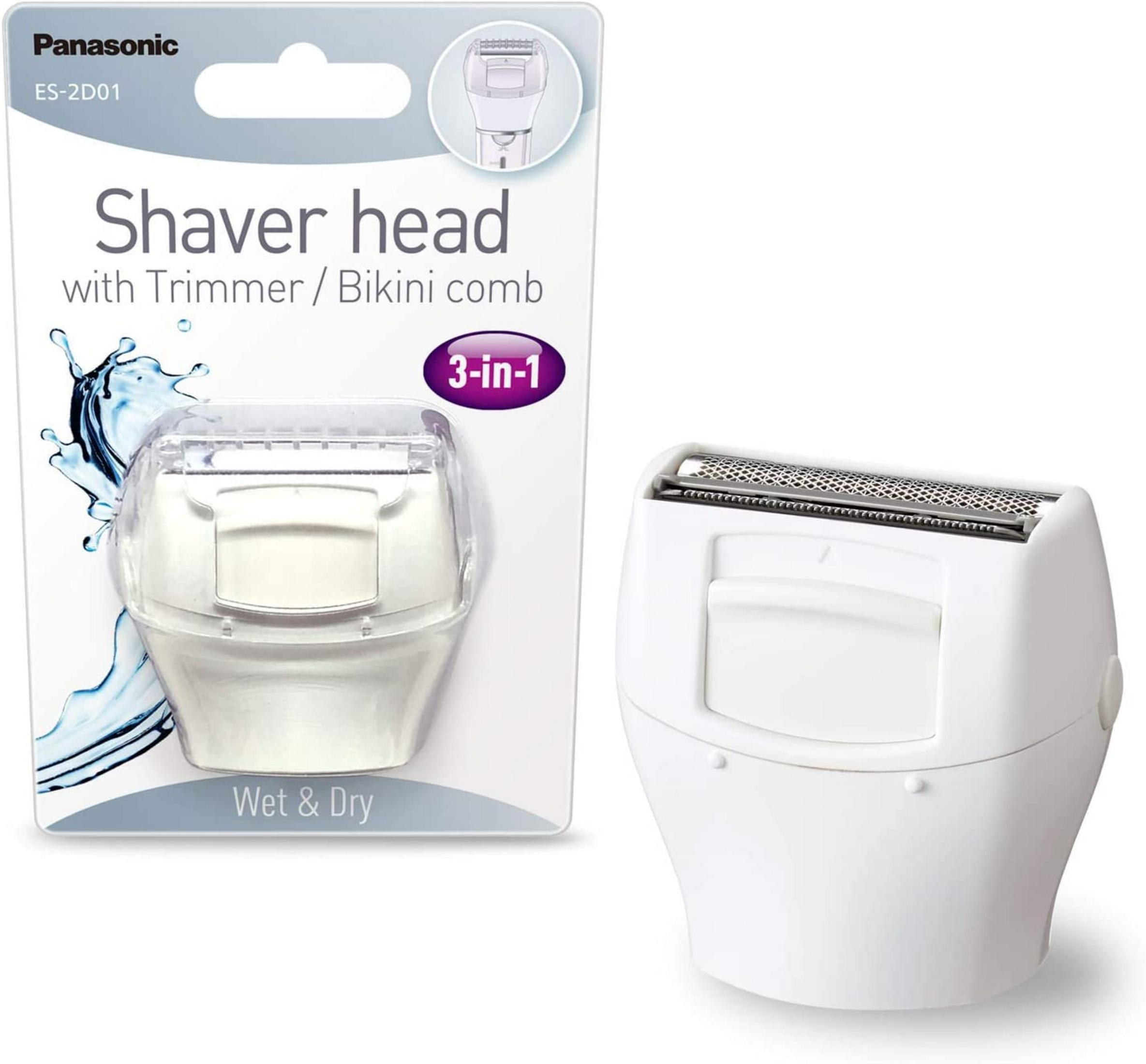 Panasonic Shaver Head mit Trimmer und Bikini-Kamm, 3-in-1, Wet & Dry, in der Verpackung und daneben.