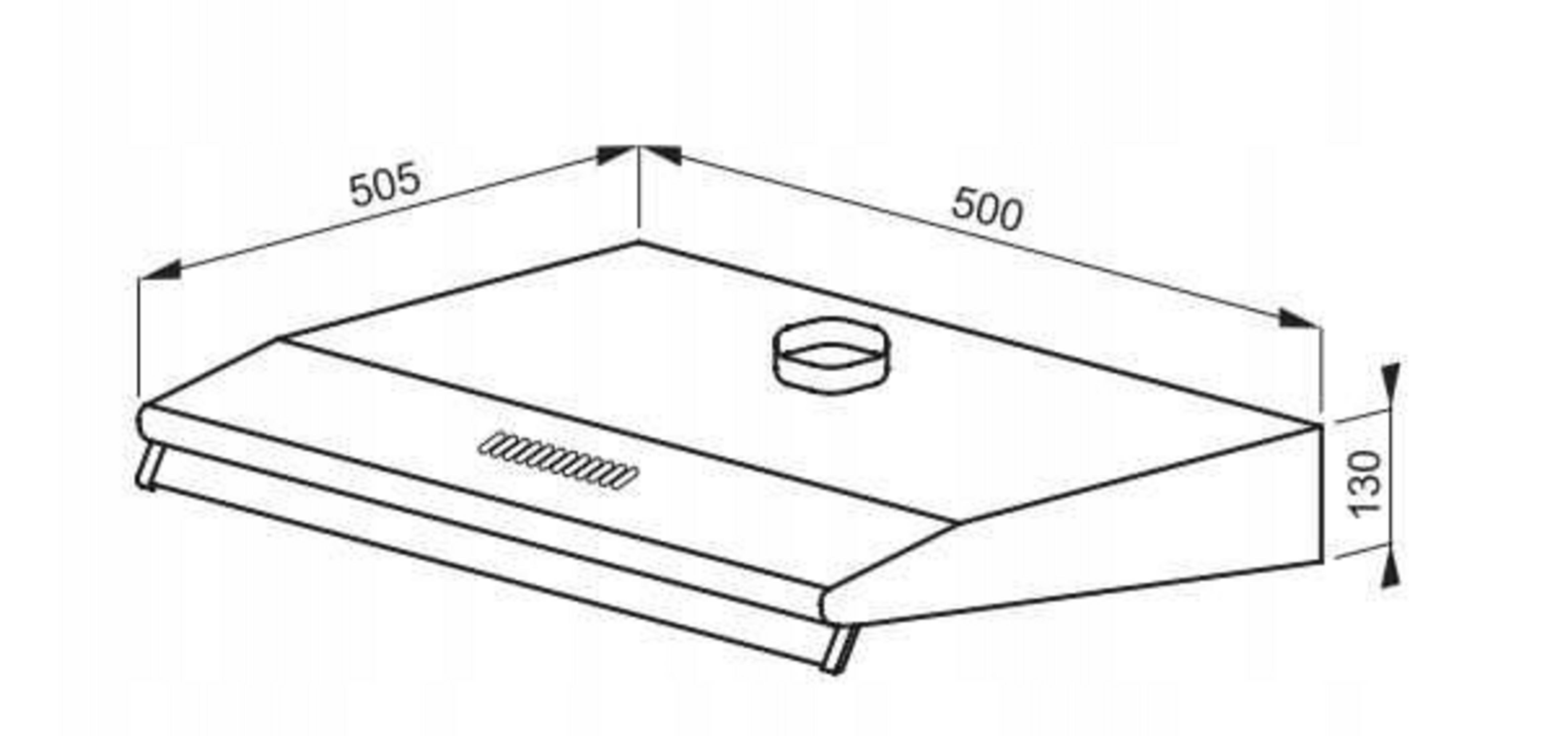 Disegno tecnico di una cappa da cucina rettangolare con dimensioni 505x500x130 mm.